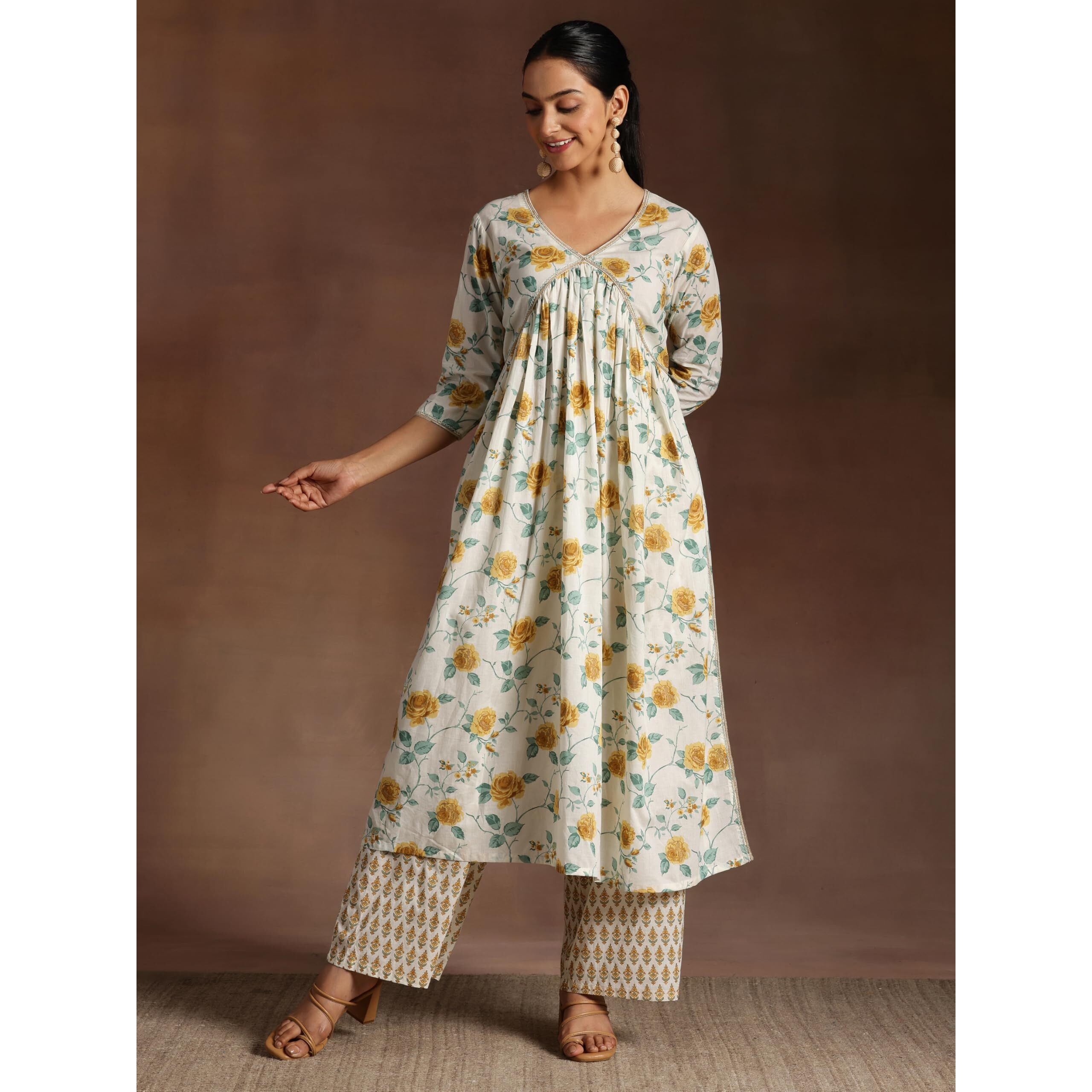 Libas Womens Printed Cotton A-Line Kurta With Palazzos