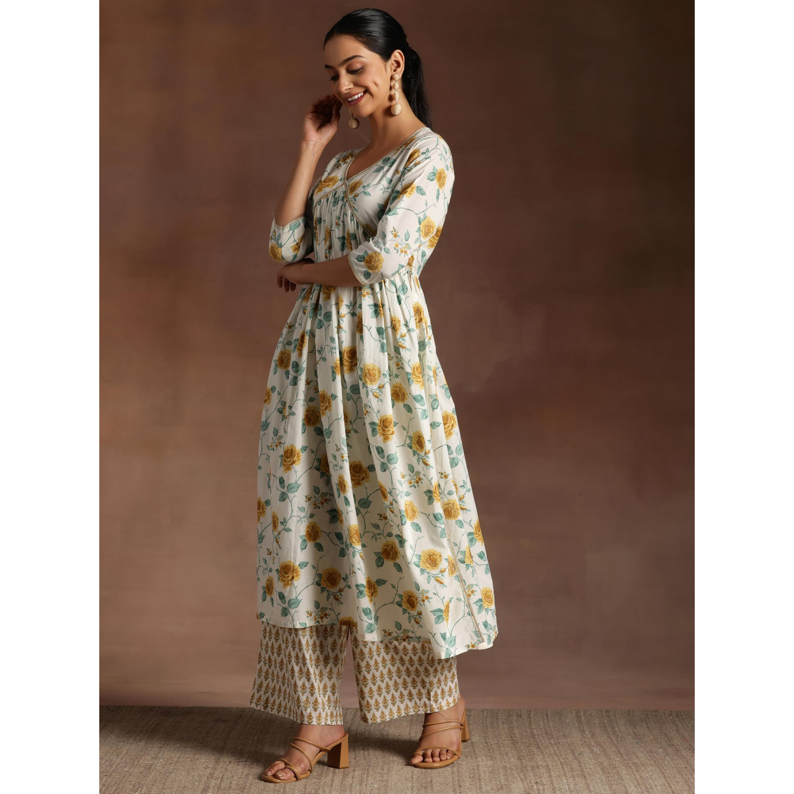 Libas Womens Printed Cotton A-Line Kurta With Palazzos