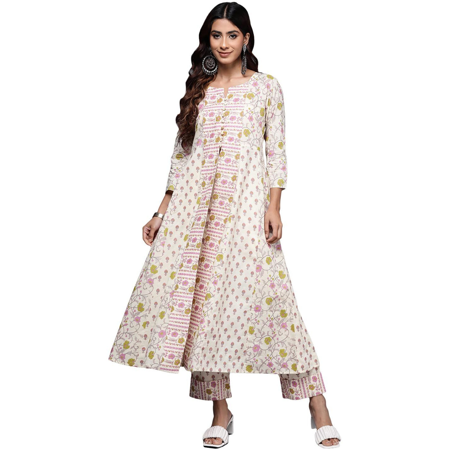 Libas Womens Printed Cotton A-Line Kurta With Trousers