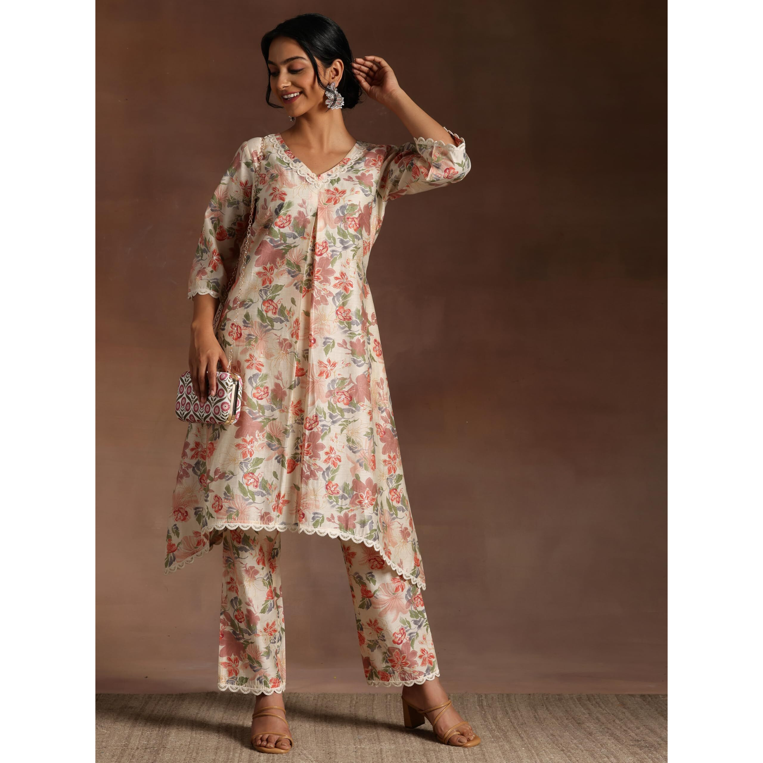 Libas Womens Printed Silk Blend A-Line Kurta With Trousers