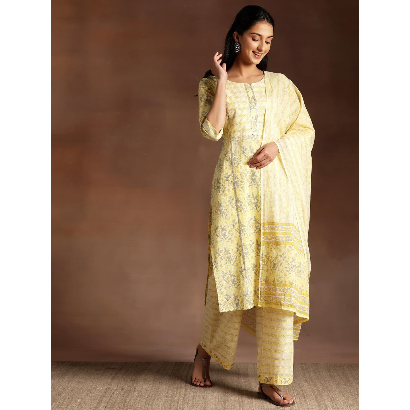 Libas Womens Printed Cotton Straight Kurta With Palazzos And Dupatta