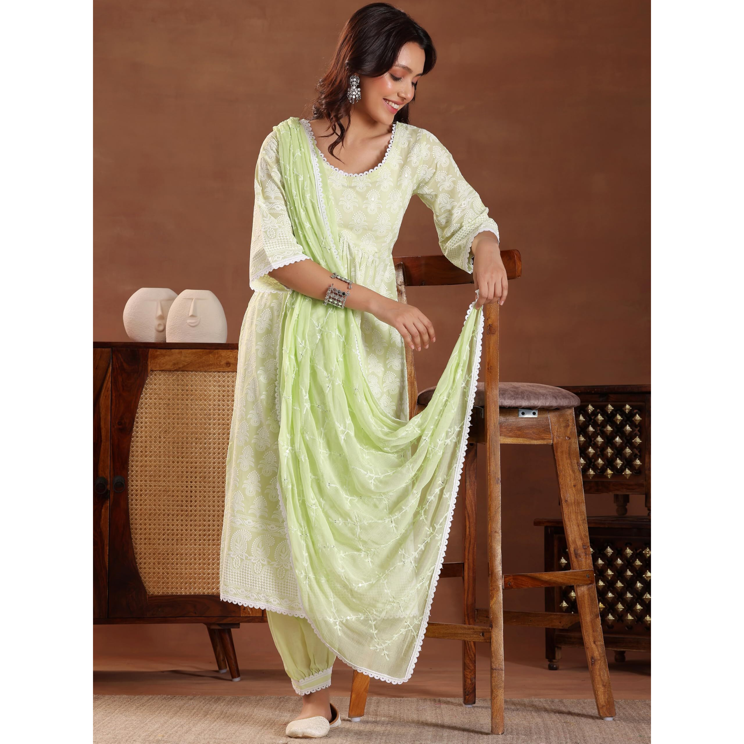 Libas Women's Pure Cotton Kurta Set (35573_Green_Xl)