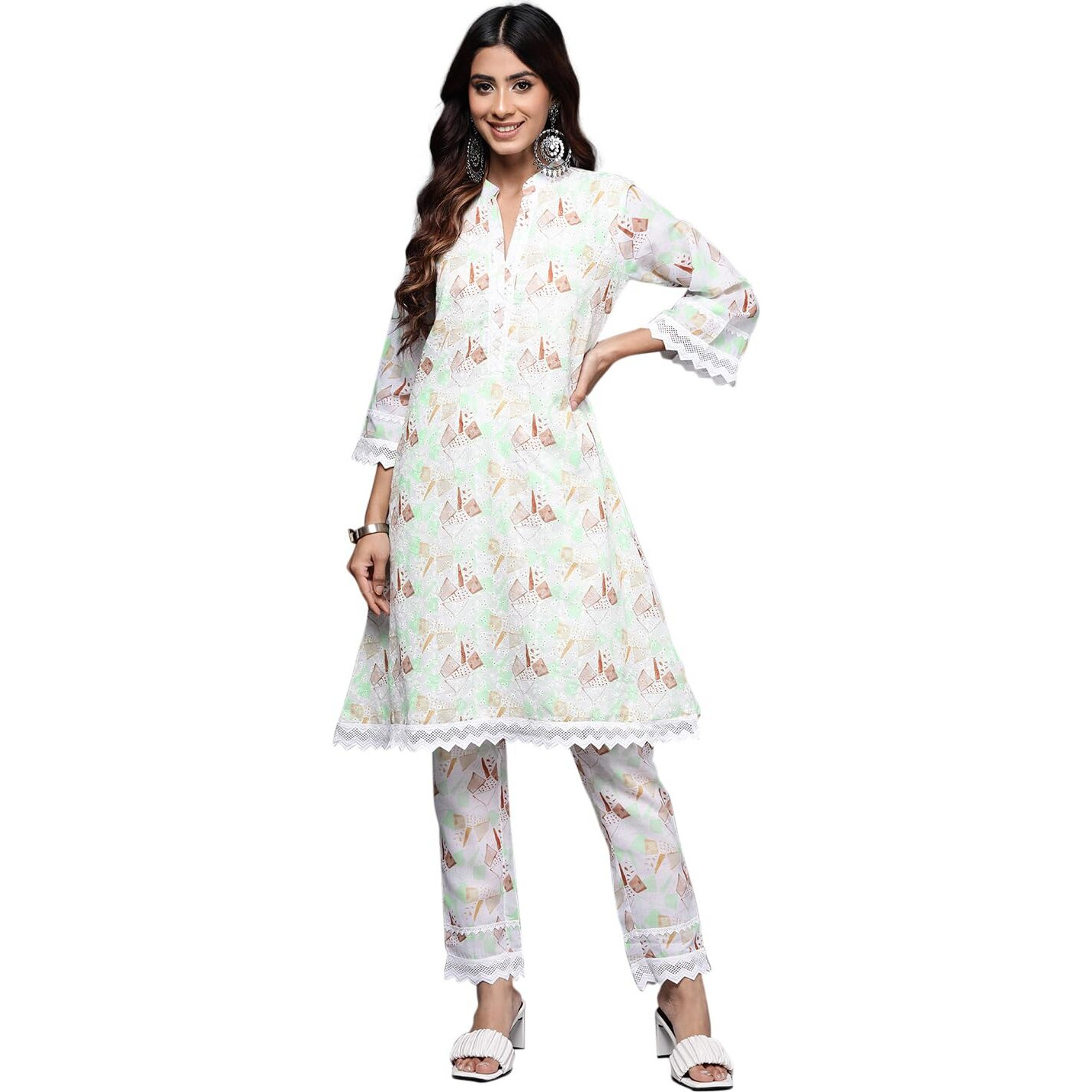 Libas Womens Printed Cotton A-Line Kurta With Trousers