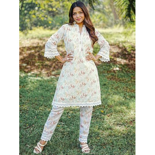 Libas Womens Printed Cotton A-Line Kurta With Trousers
