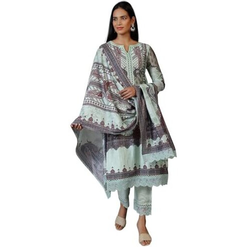 Libas Womens Printed Silk Blend Pakistani Kurta With Trousers And Dupatta