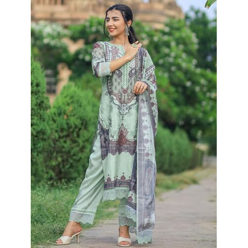 Libas Womens Printed Silk Blend Pakistani Kurta With Trousers And Dupatta