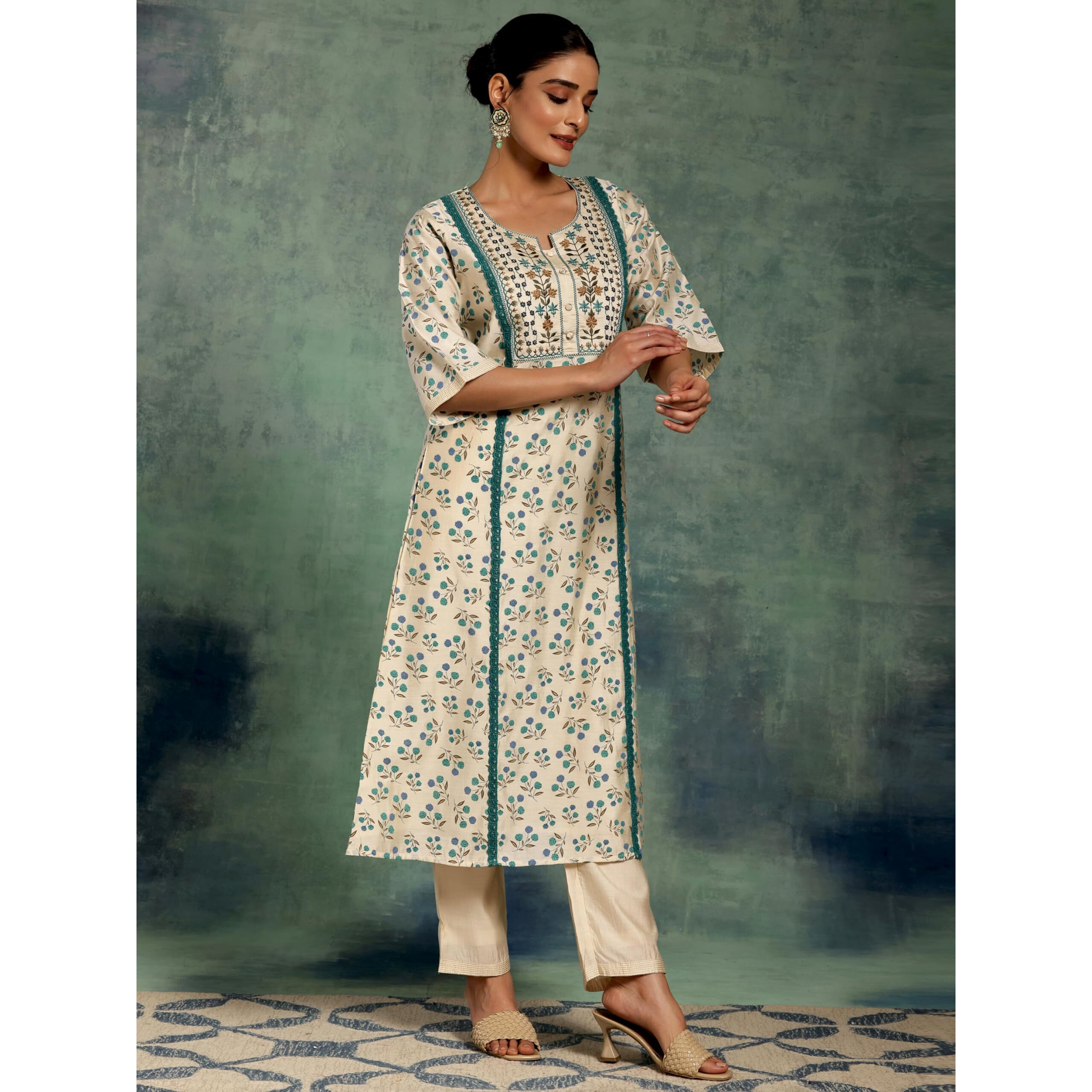 Libas Womens Printed Silk Blend A-Line Kurta With Palazzos