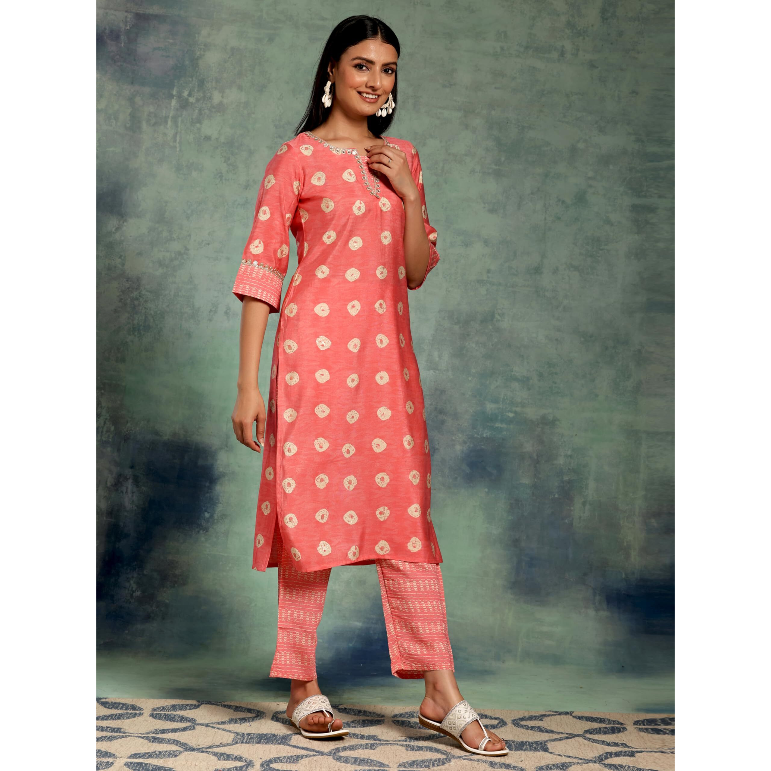 Libas Womens Printed Silk Blend Straight Kurta With Palazzos