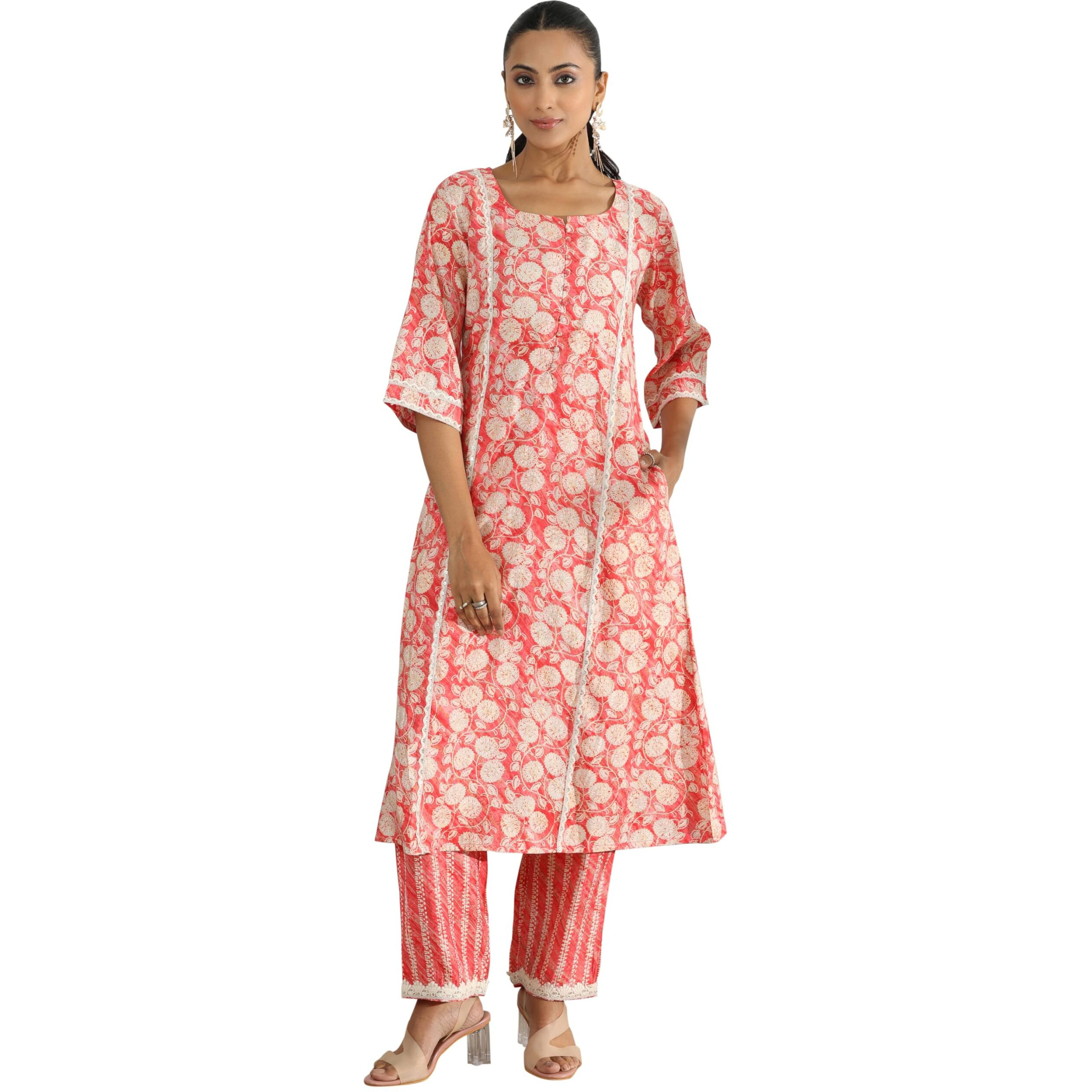 Libas Womens Printed Silk Blend A-Line Kurta With Palazzos