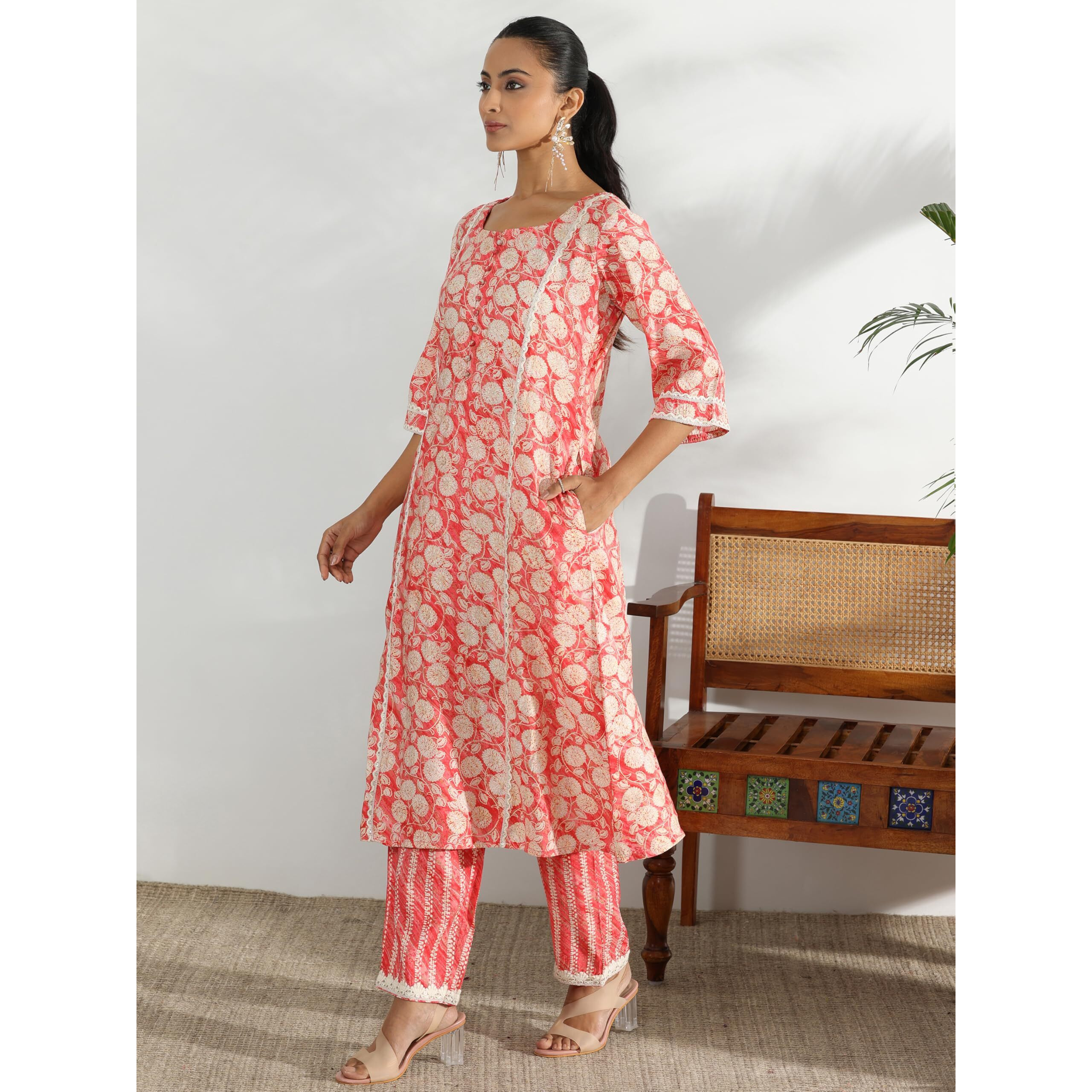 Libas Womens Printed Silk Blend A-Line Kurta With Palazzos