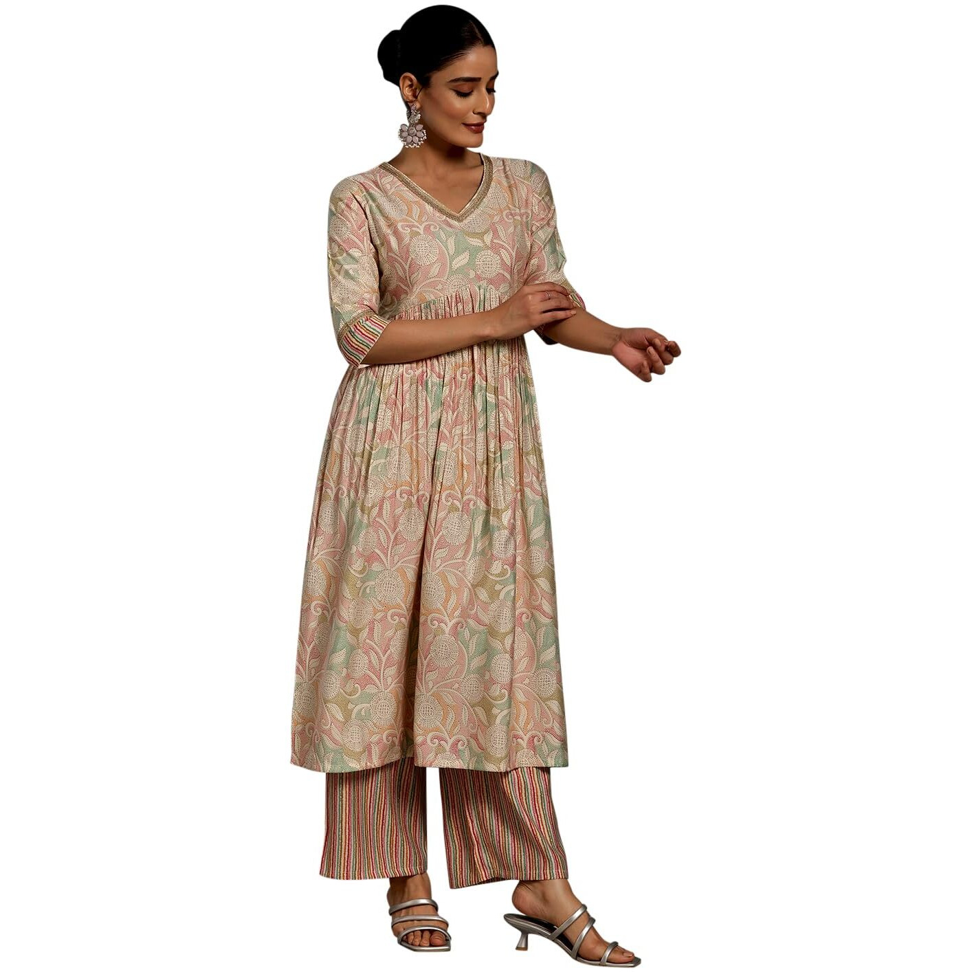 Libas Beige Printed Silk Blend Anarkali Kurta With Palazzos