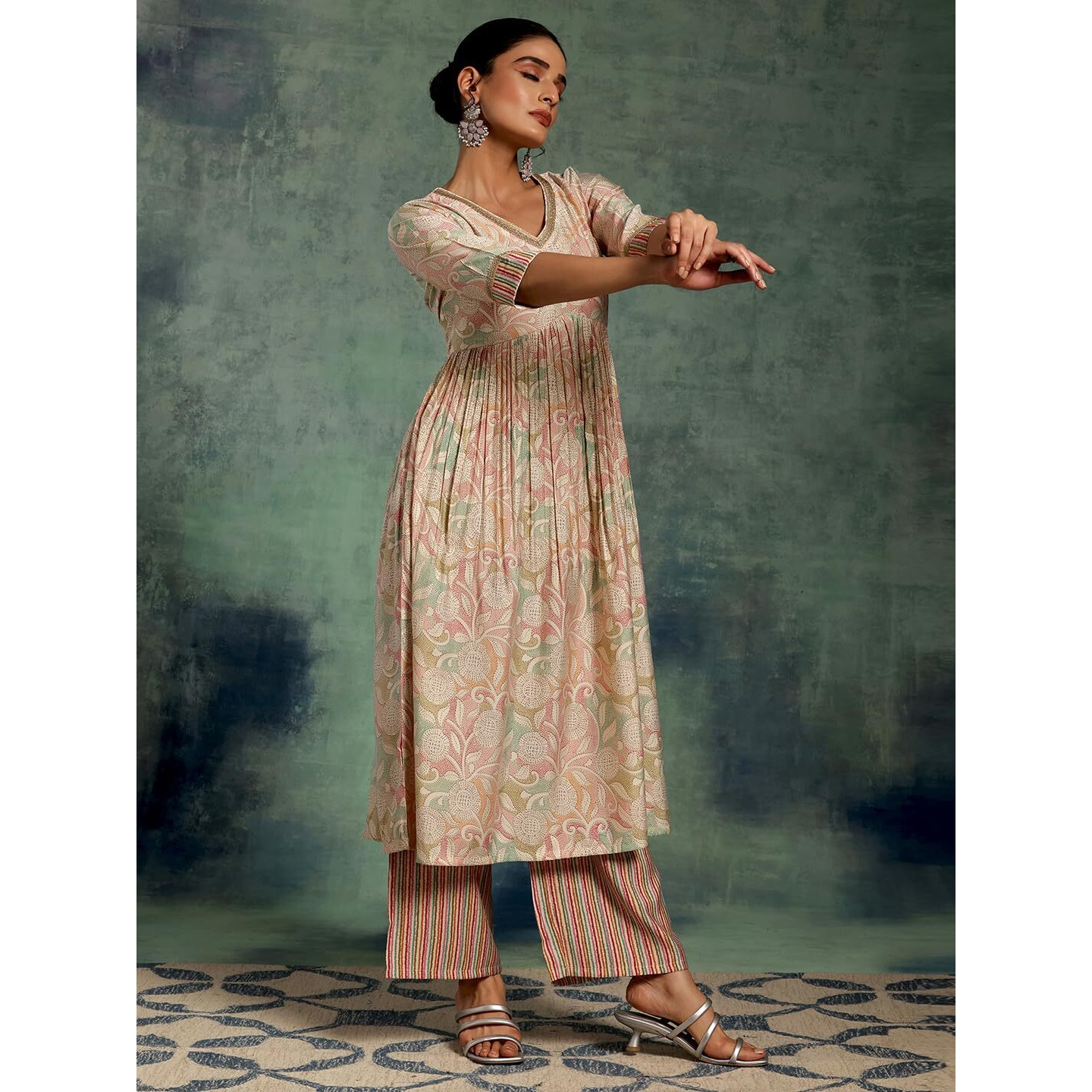 Libas Beige Printed Silk Blend Anarkali Kurta With Palazzos