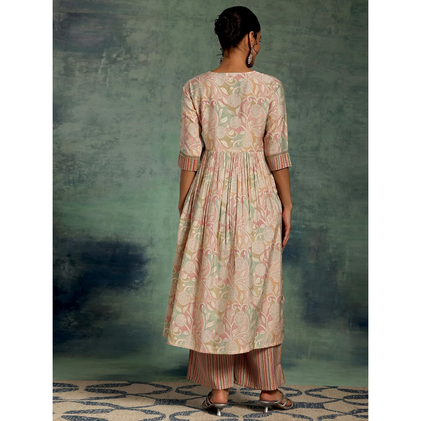 Libas Beige Printed Silk Blend Anarkali Kurta With Palazzos