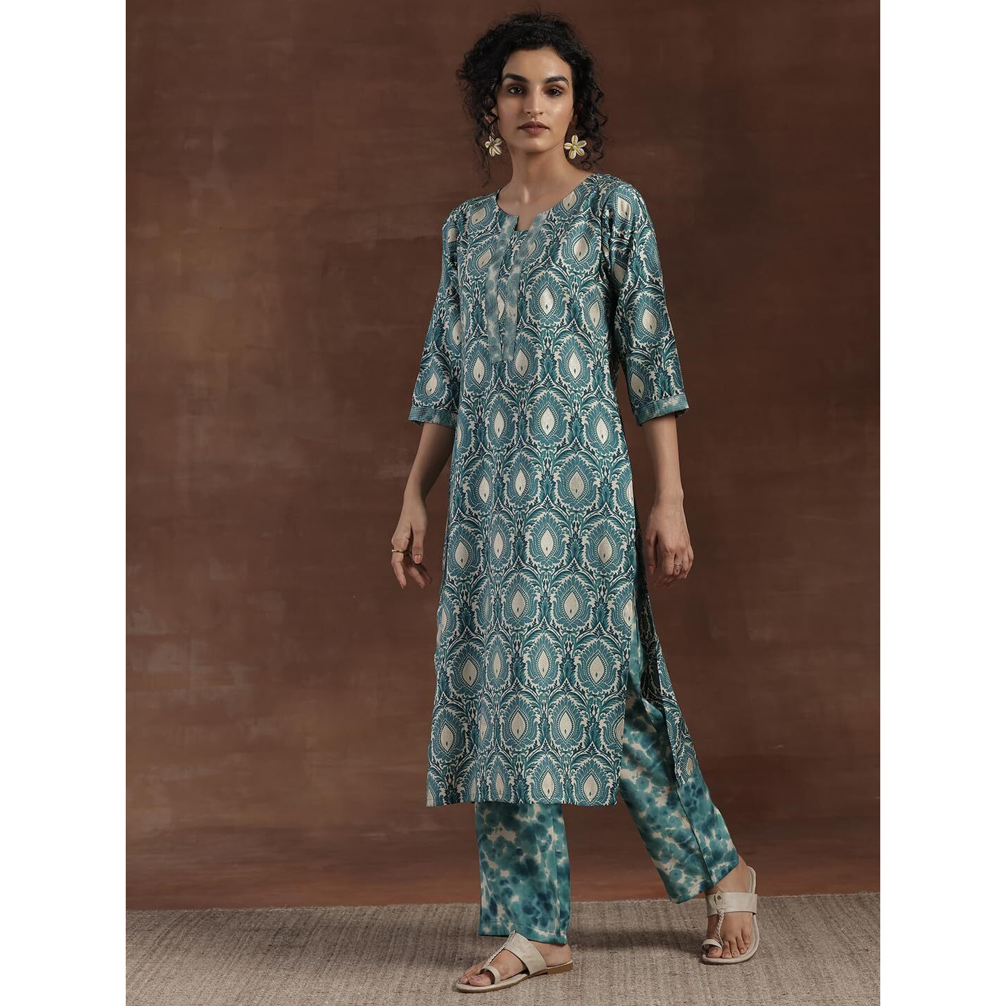 Libas Womens Printed Silk Blend Straight Kurta With Palazzos