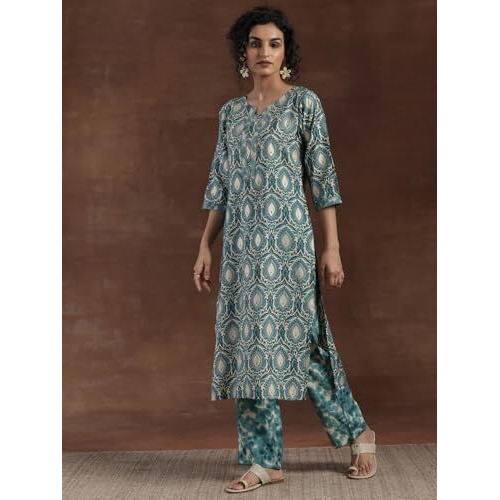 Libas Womens Printed Silk Blend Straight Kurta With Palazzos