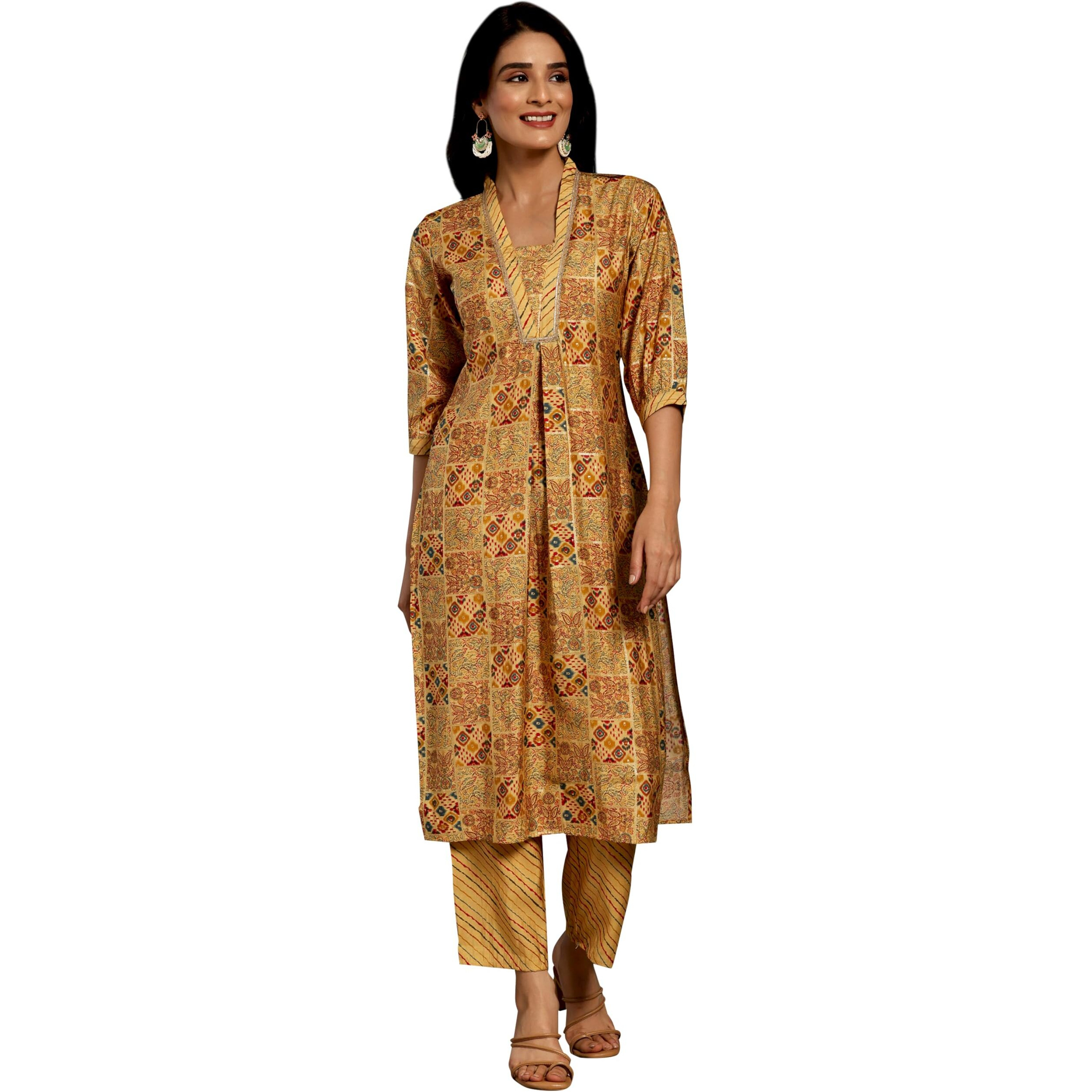 Libas Womens Printed Silk Blend Straight Kurta With Palazzos