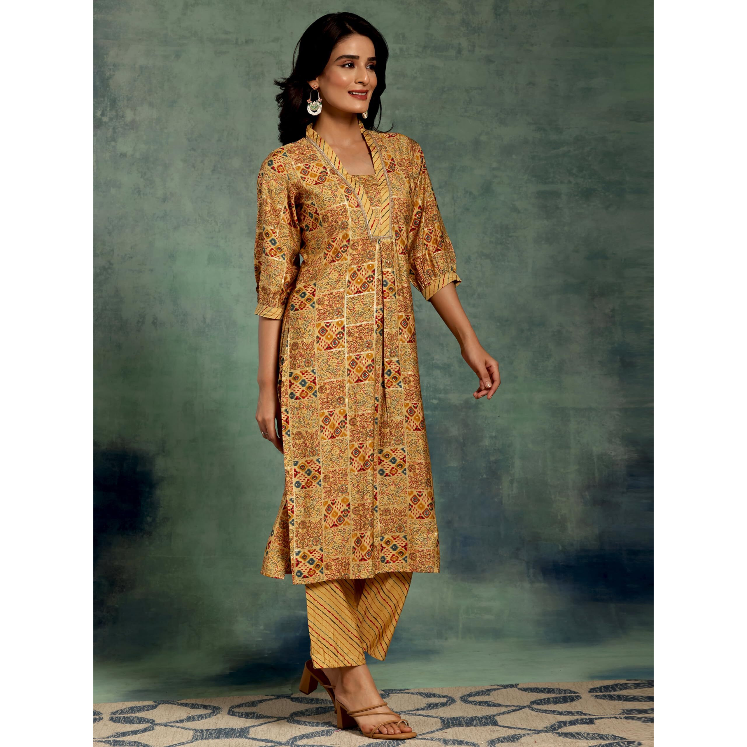 Libas Womens Printed Silk Blend Straight Kurta With Palazzos