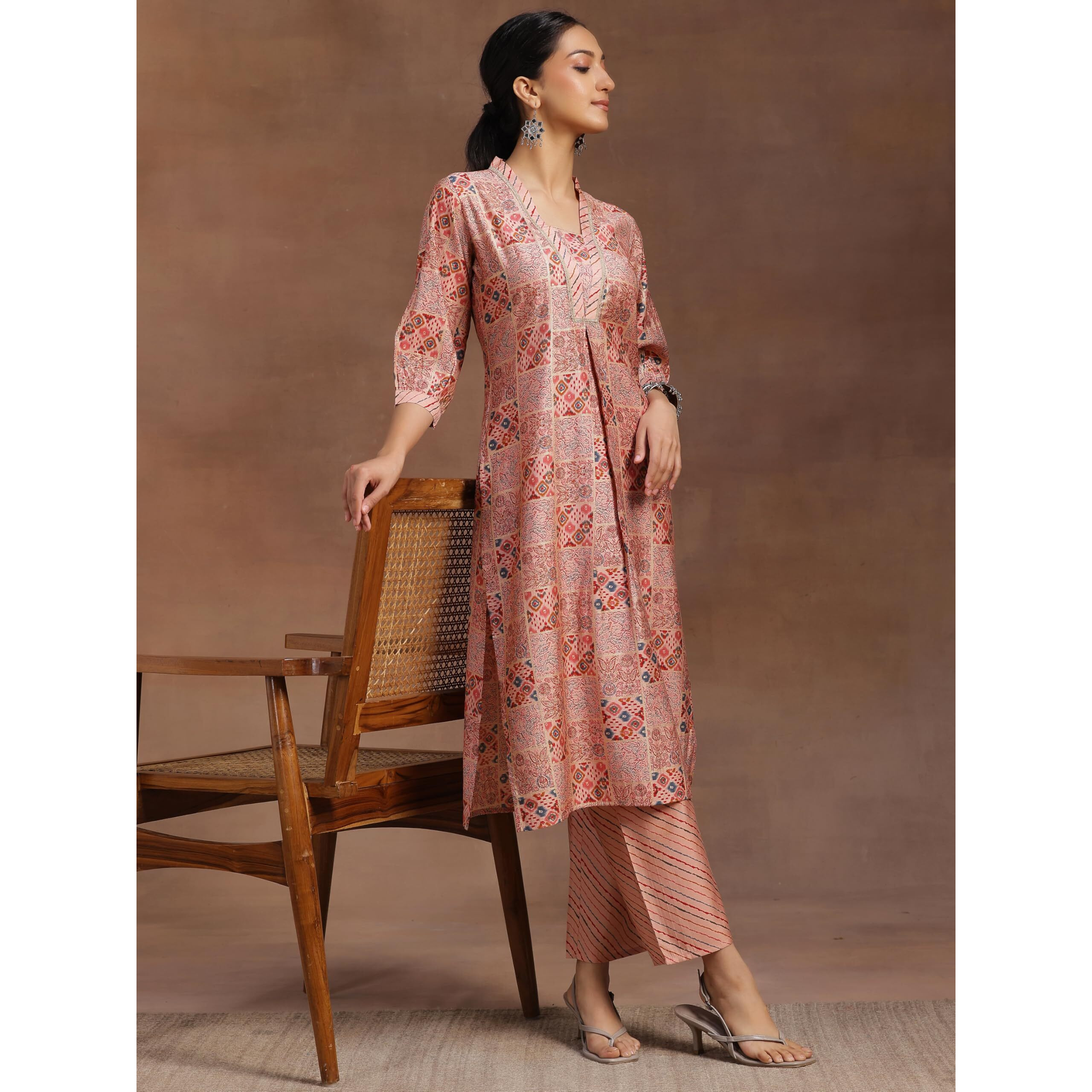 Libas Women Silk Blend Peach Printed Straight Kurta With Palazzos, Xl