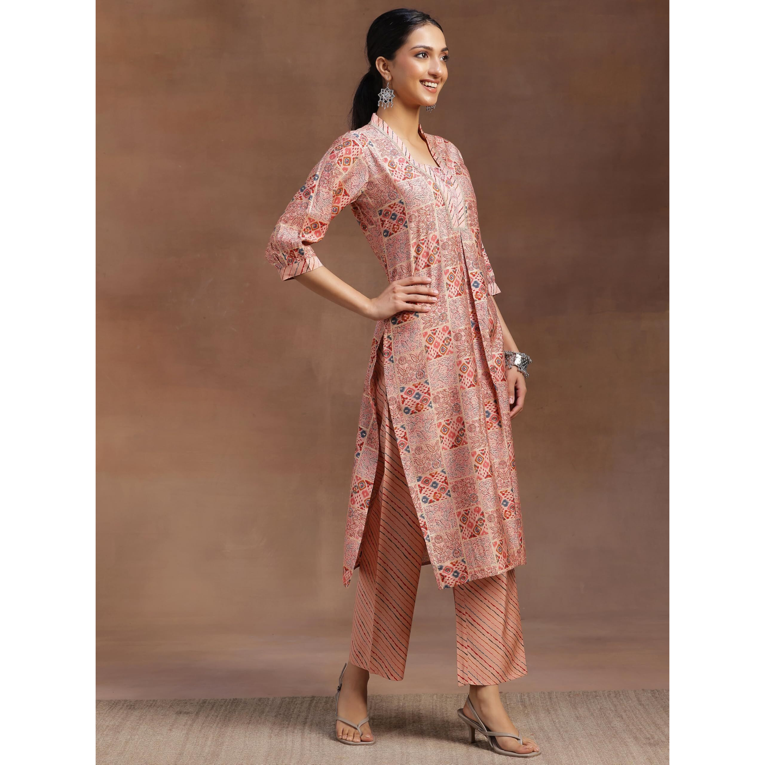 Libas Women Silk Blend Peach Printed Straight Kurta With Palazzos, Xl