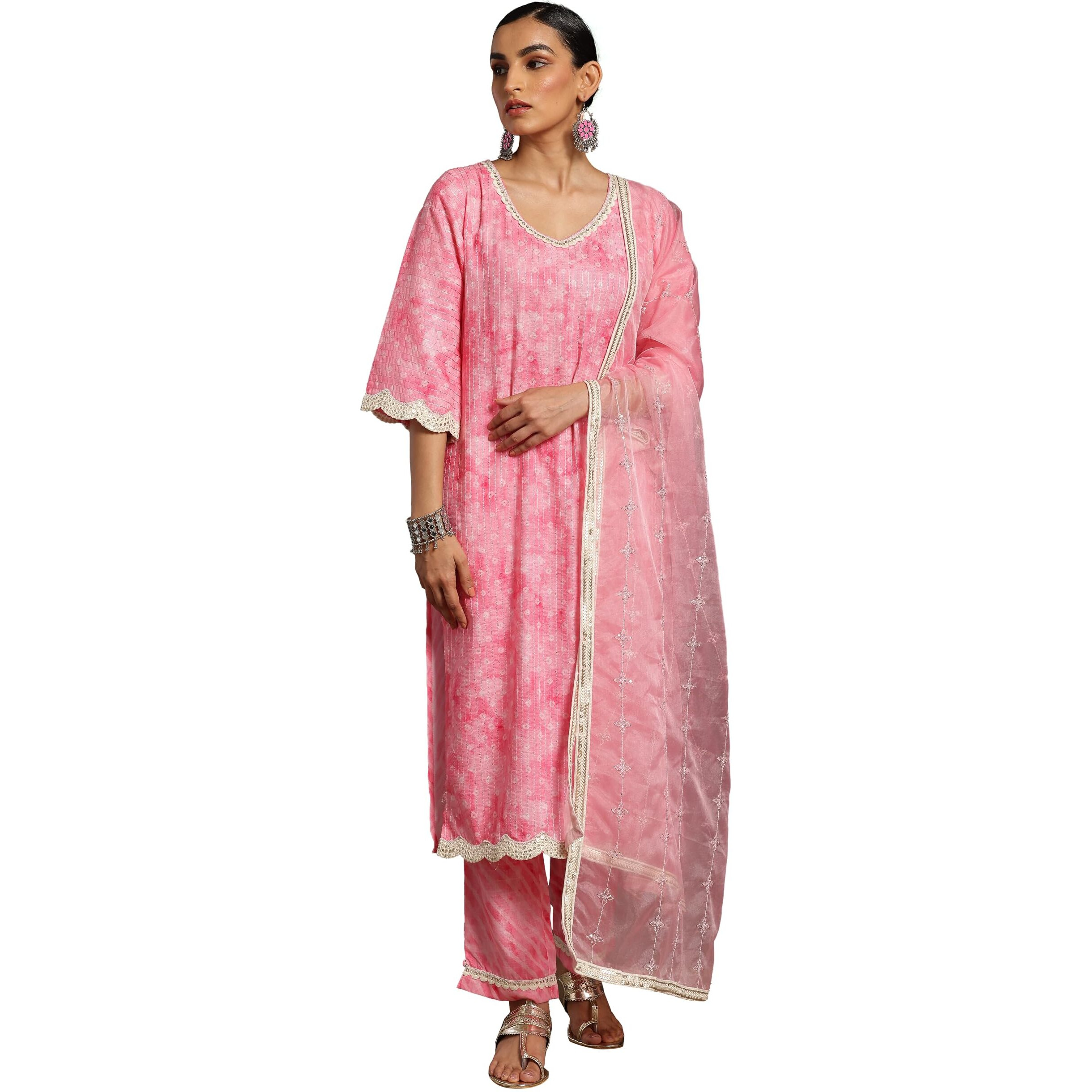 Libas Womens Printed Cotton Blend Straight Kurta With Trousers And Dupatta