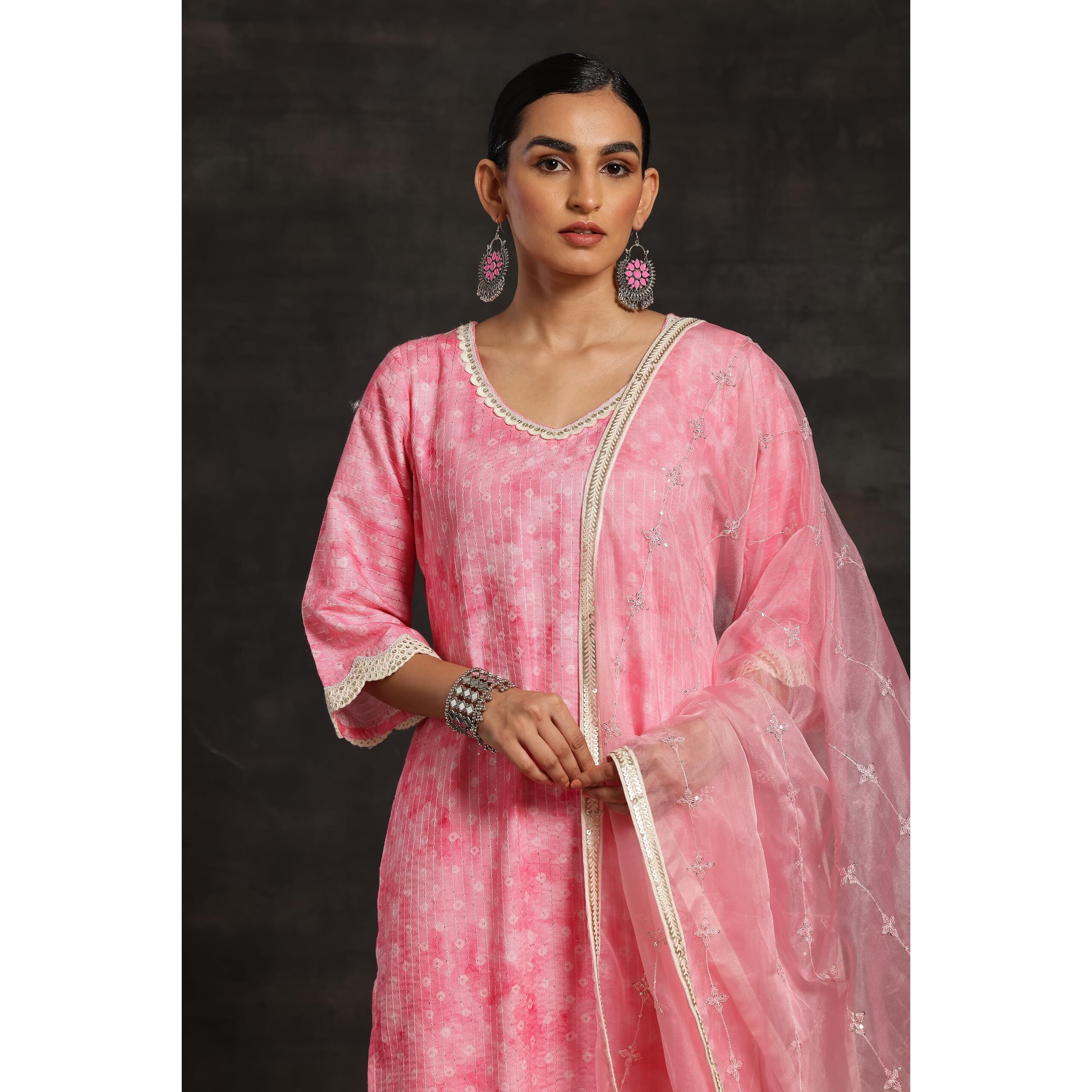 Libas Womens Printed Cotton Blend Straight Kurta With Trousers And Dupatta