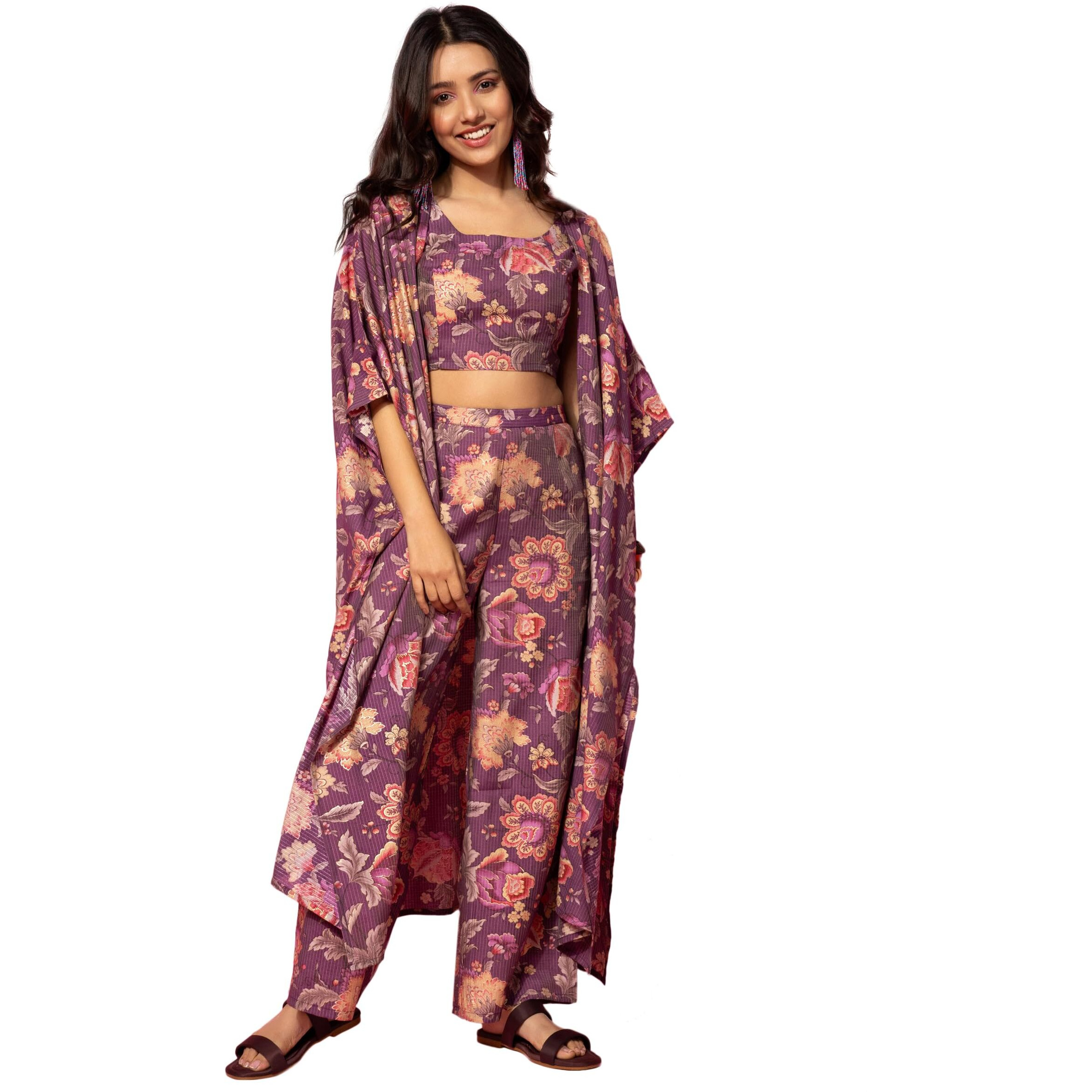 Libas Women's Burgundy Printed Cotton Blend Co-Ords (Pack Of 3) (35516