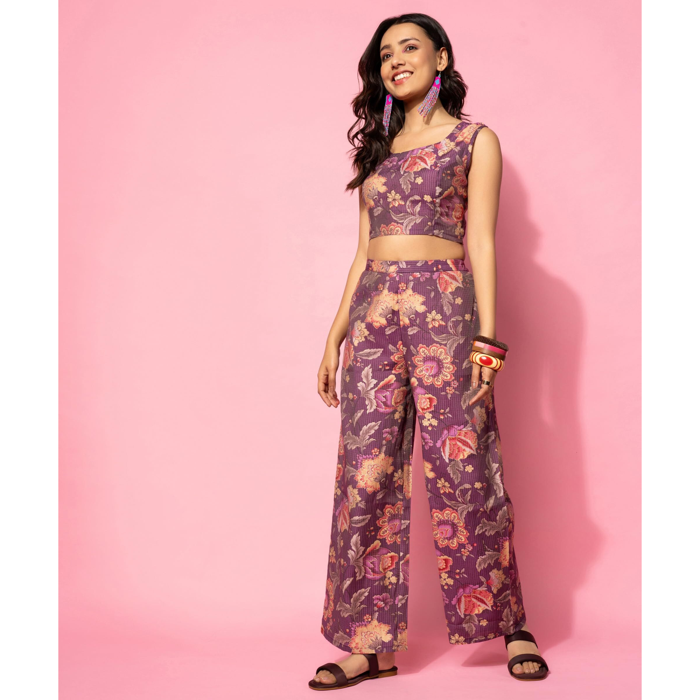 Libas Women's Burgundy Printed Cotton Blend Co-Ords (Pack Of 3) (35516