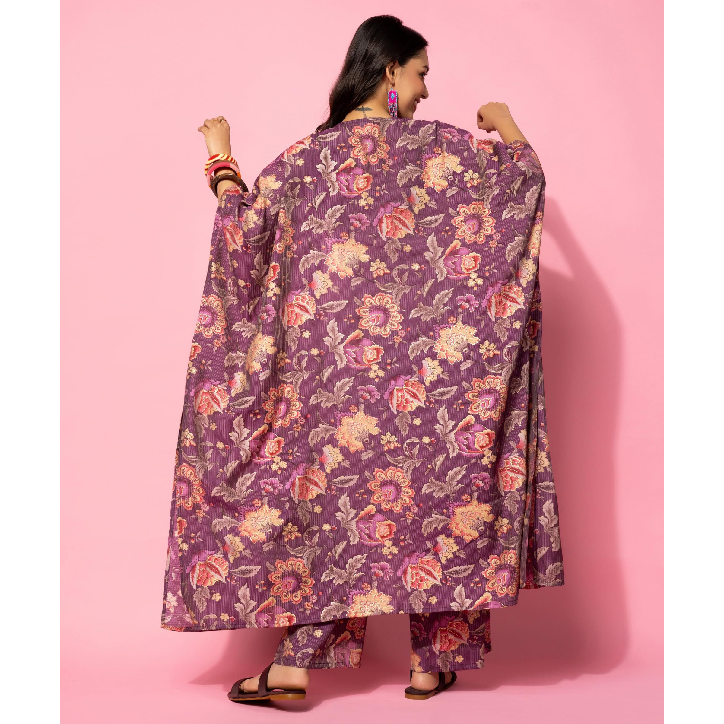 Libas Women's Burgundy Printed Cotton Blend Co-Ords (Pack Of 3) (35516