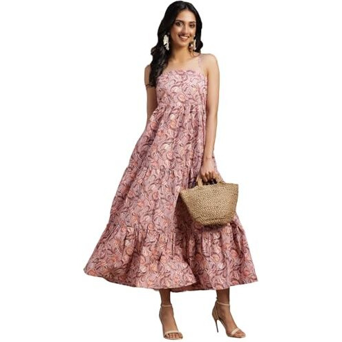 Libas Women's Cotton Fit And Flare Maxi Dress (26919_Peach