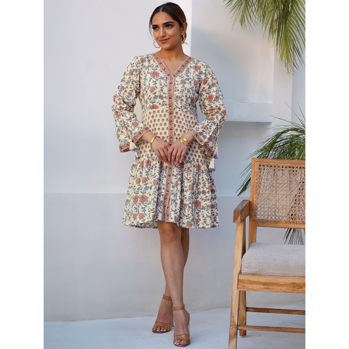Libas Women's Cotton A-Line Knee Length Dress (26947_Beige