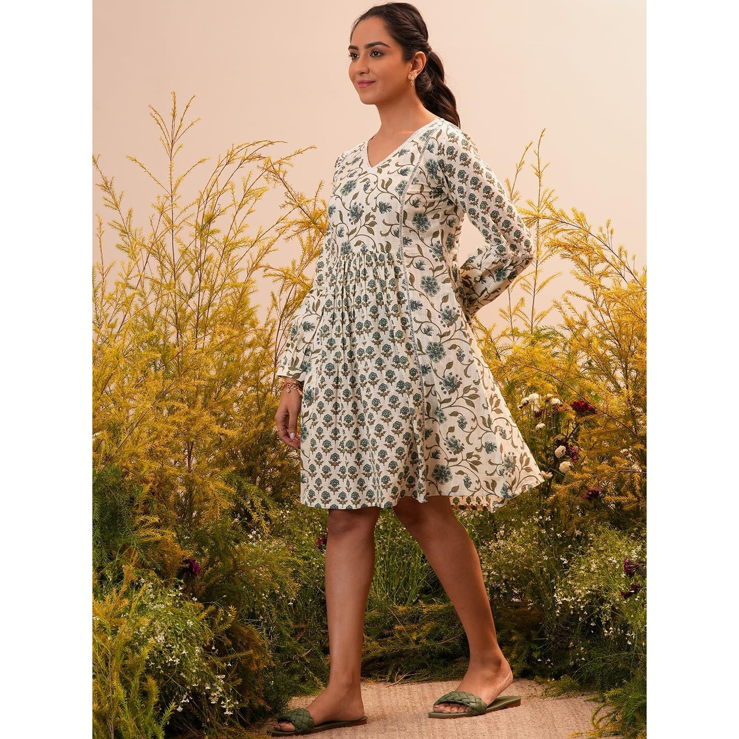 Libas Women's Cotton A-Line Knee Length Casual Dress (26948_Beige