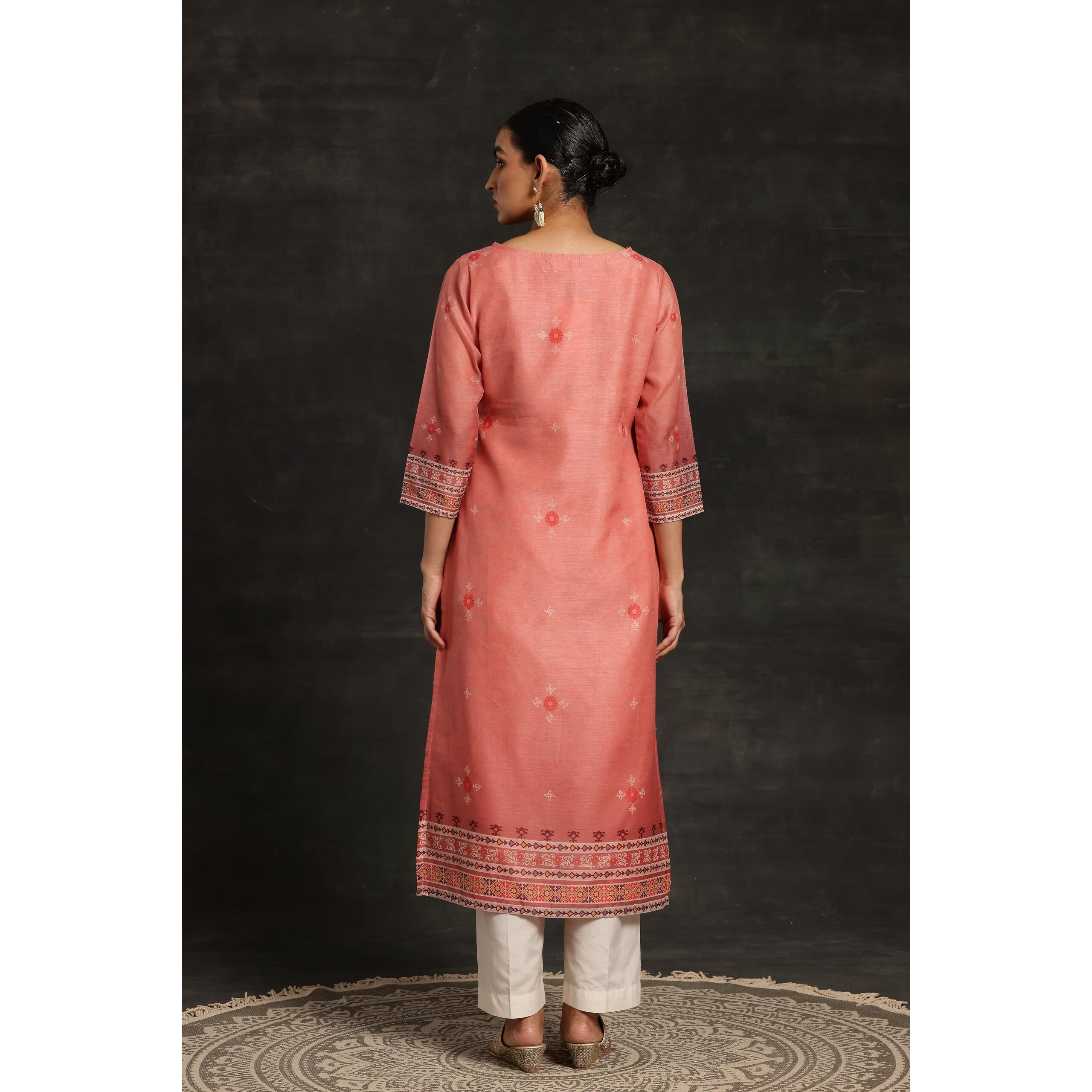 Libas Women's Chanderi Printed Straight Kurta (37042_Pink