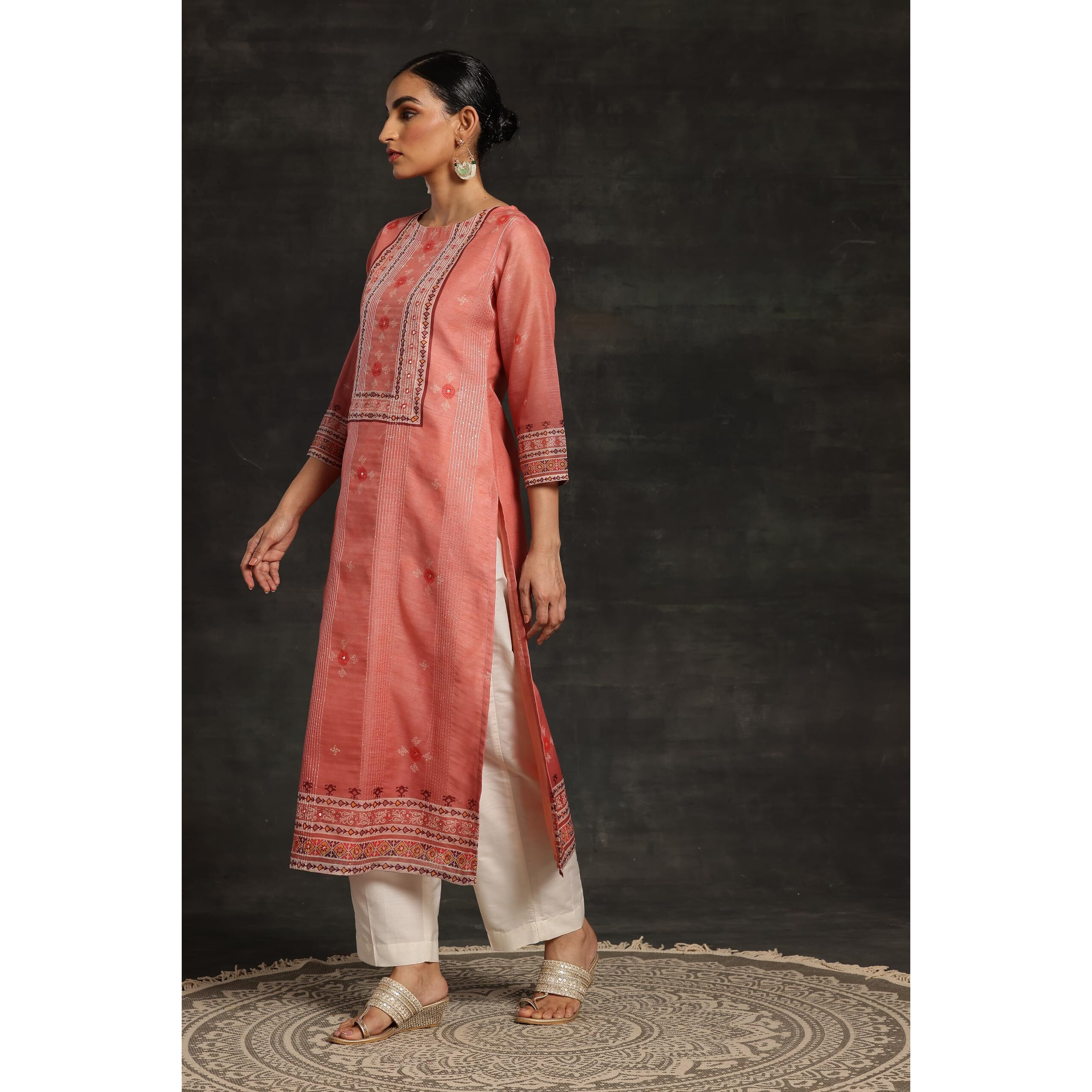 Libas Women's Chanderi Printed Straight Kurta (37042_Pink