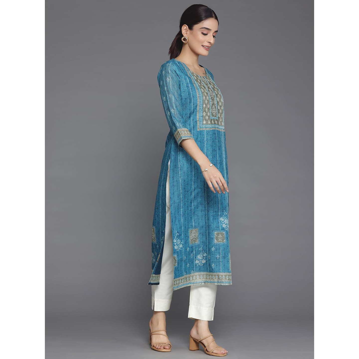 Libas Women's Chanderi Silk Embellished Straight Kurta (37043_Blue