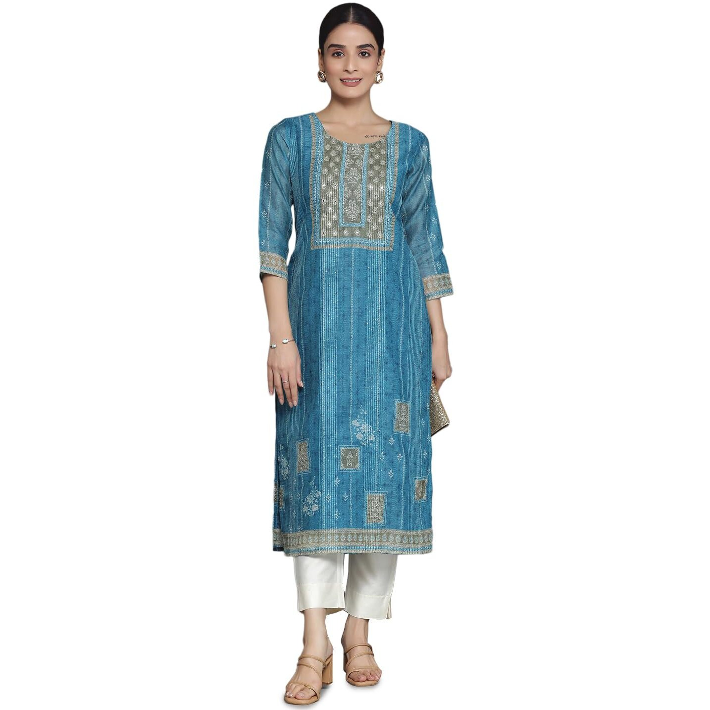 Libas Women's Chanderi Silk Embellished Straight Kurta (37043_Blue