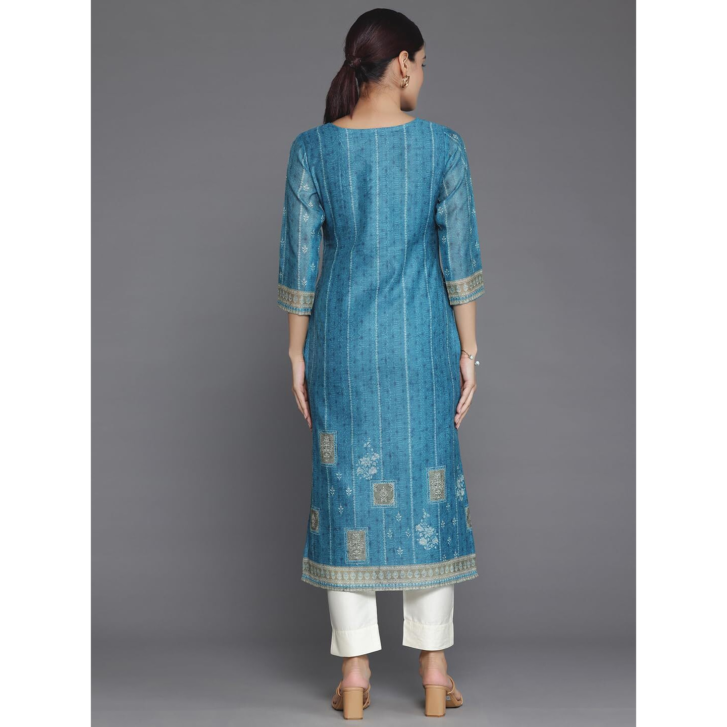 Libas Women's Chanderi Silk Embellished Straight Kurta (37043_Blue