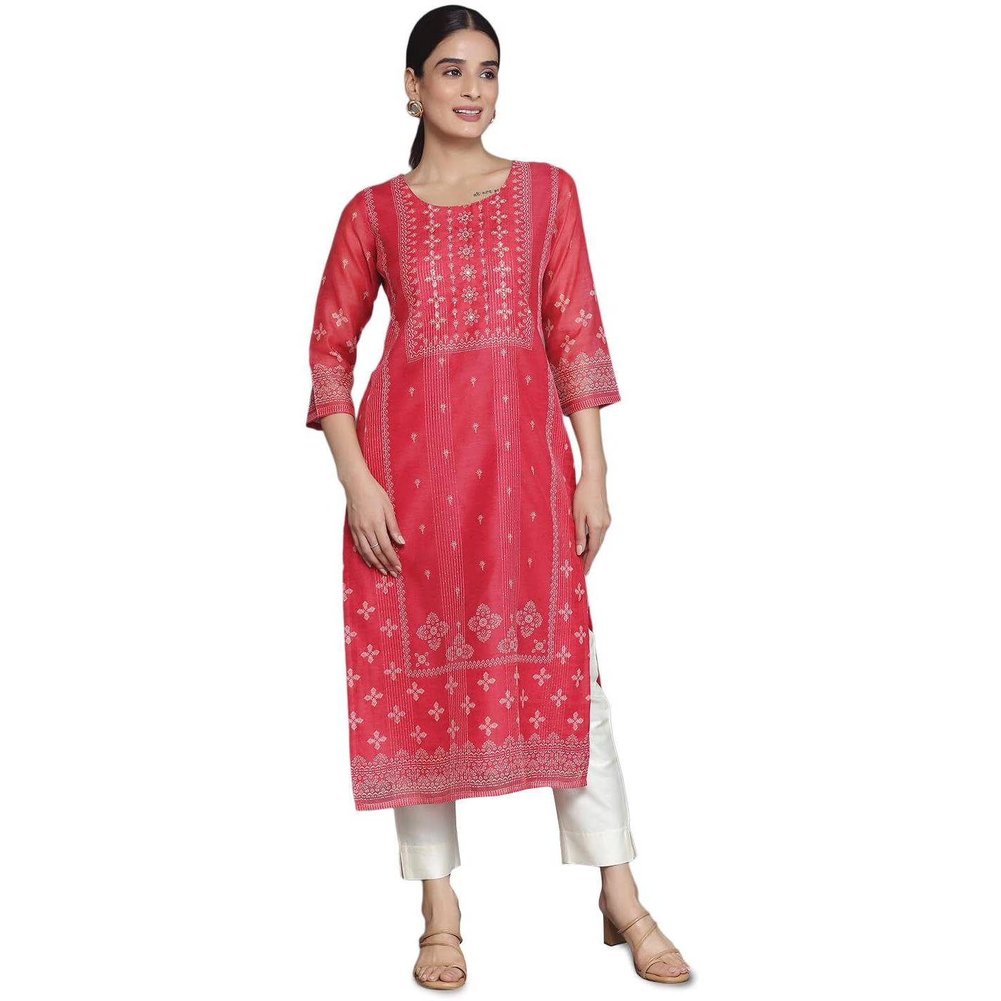 Libas Women's Chanderi Silk Embellished Straight Kurta (37049_Coral