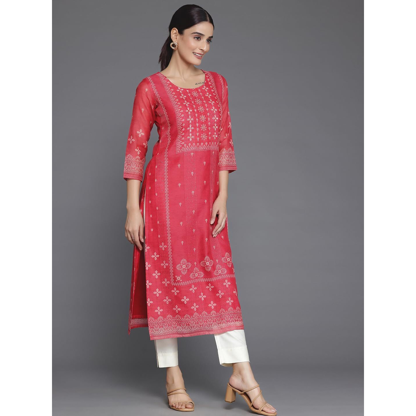Libas Women's Chanderi Silk Embellished Straight Kurta (37049_Coral