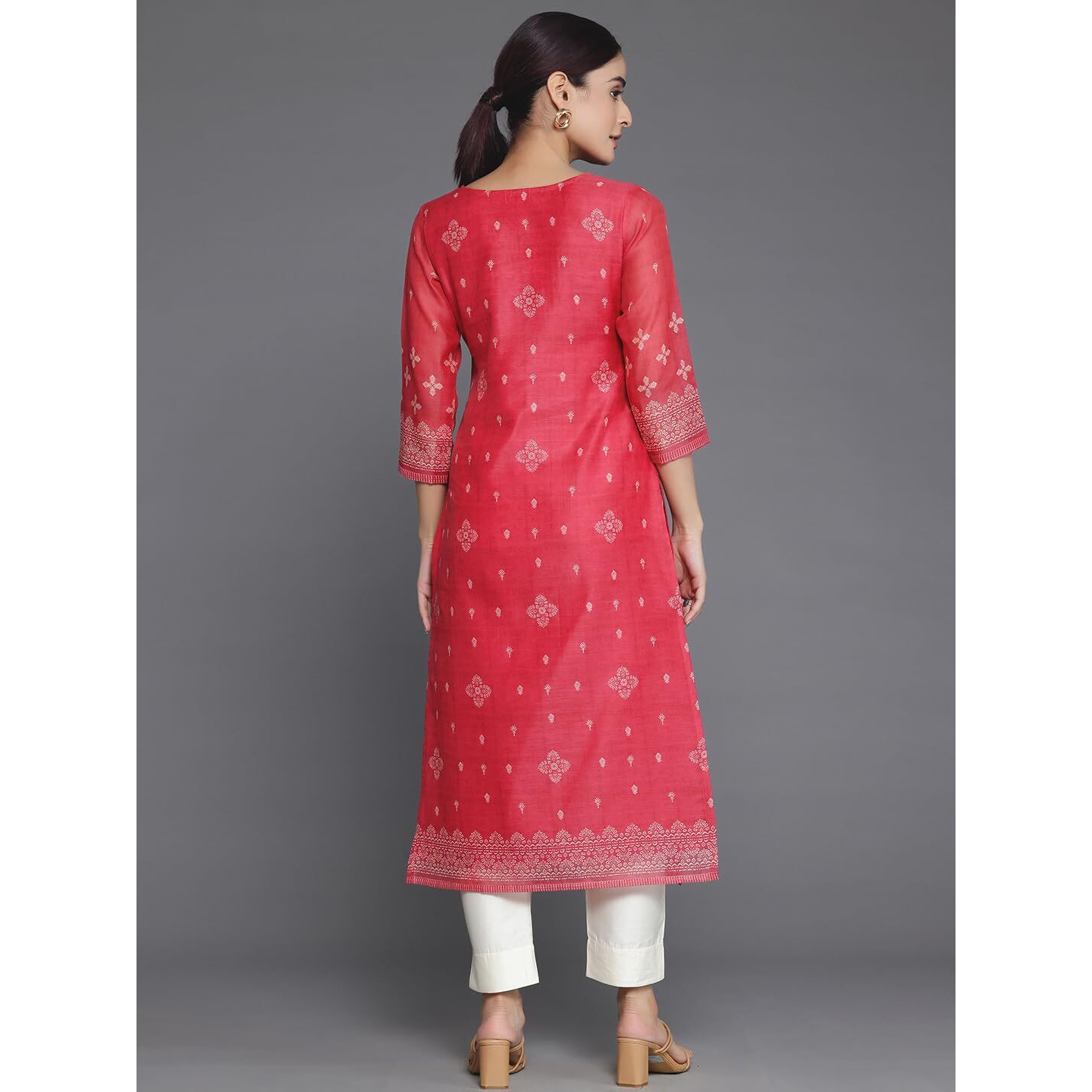 Libas Women's Chanderi Silk Embellished Straight Kurta (37049_Coral
