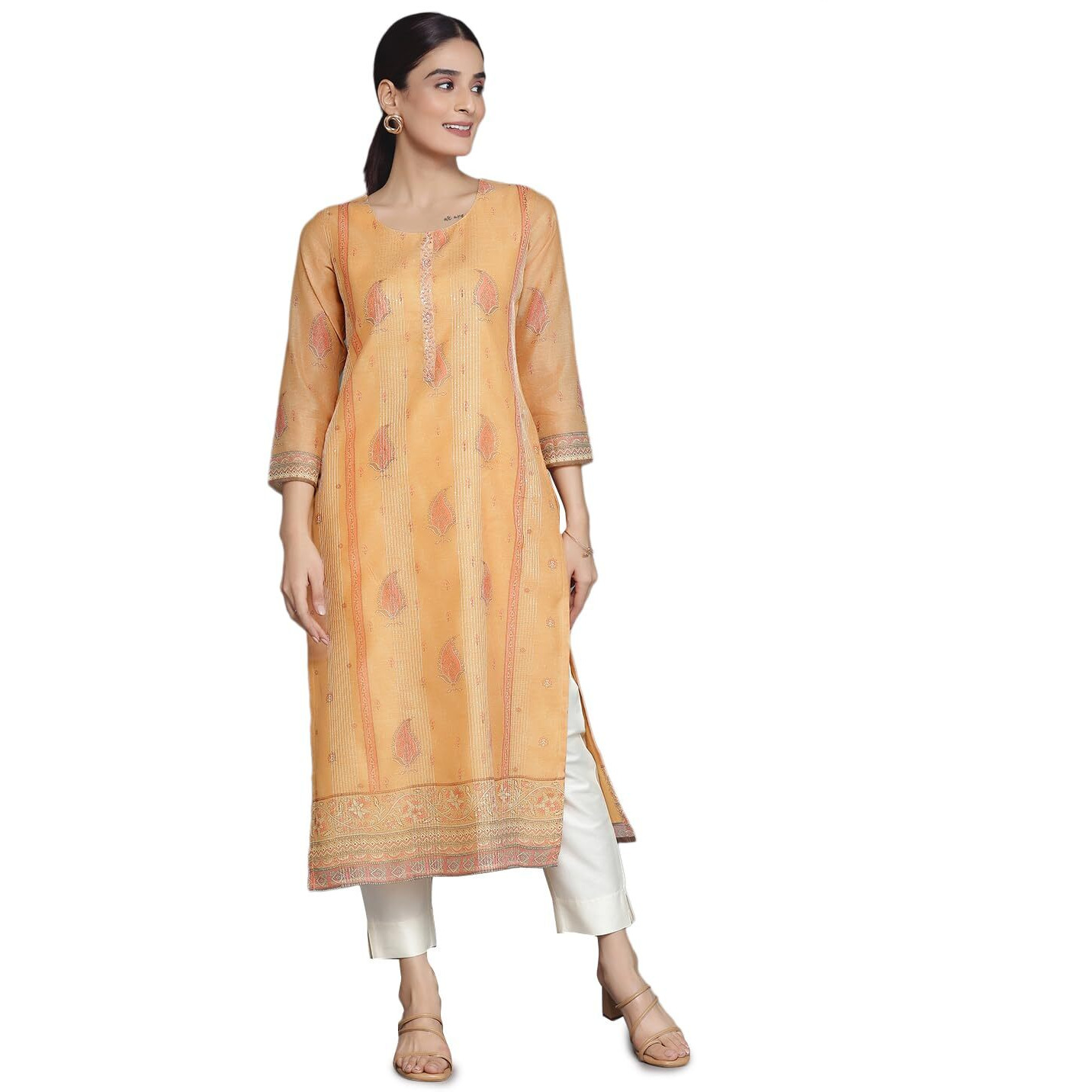 Libas Women's Chanderi Silk Embellished Straight Kurta (37061_Orange