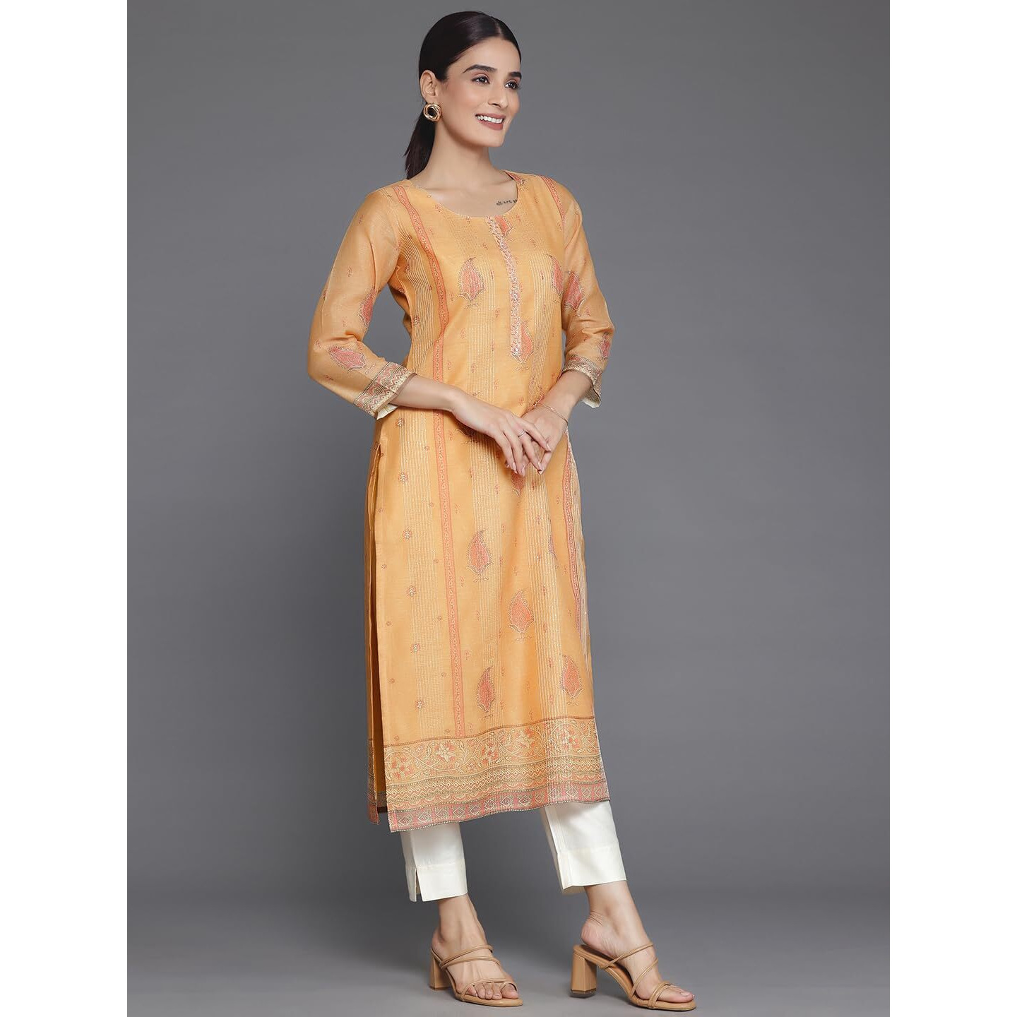 Libas Women's Chanderi Silk Embellished Straight Kurta (37061_Orange