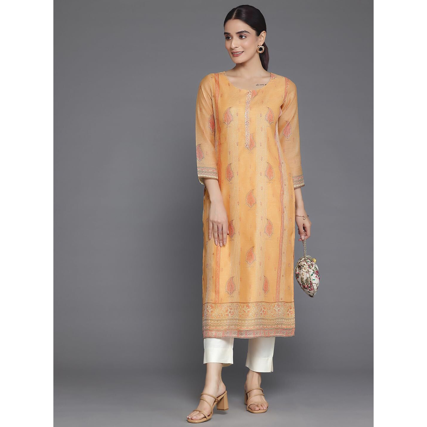 Libas Women's Chanderi Silk Embellished Straight Kurta (37061_Orange