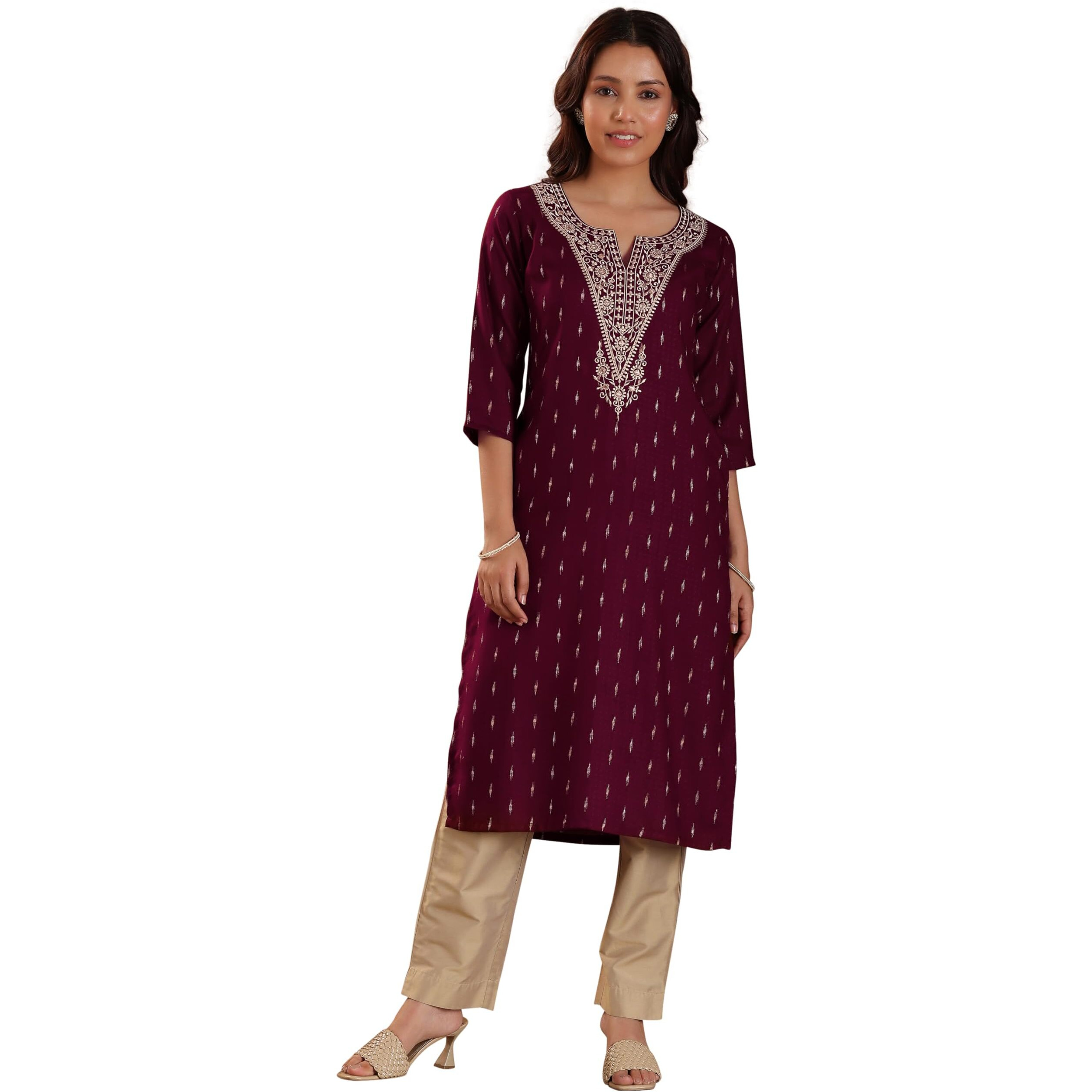 Libas Women's Cotton Yoke Design Straight Kurta (26967_Maroon