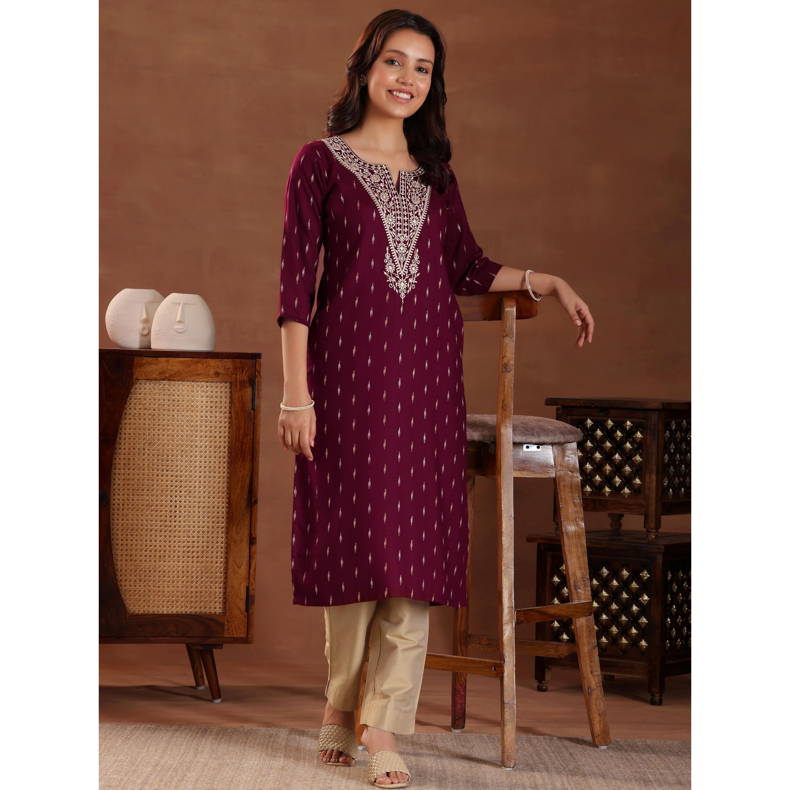 Libas Women's Cotton Yoke Design Straight Kurta (26967_Maroon