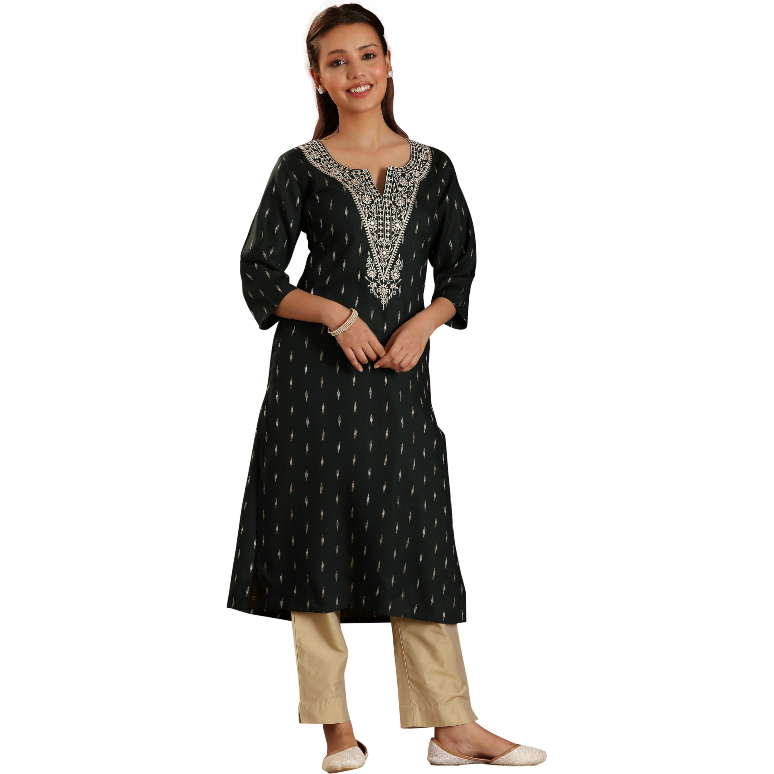Libas Women's Cotton Yoke Design Straight Kurta (26968_Green