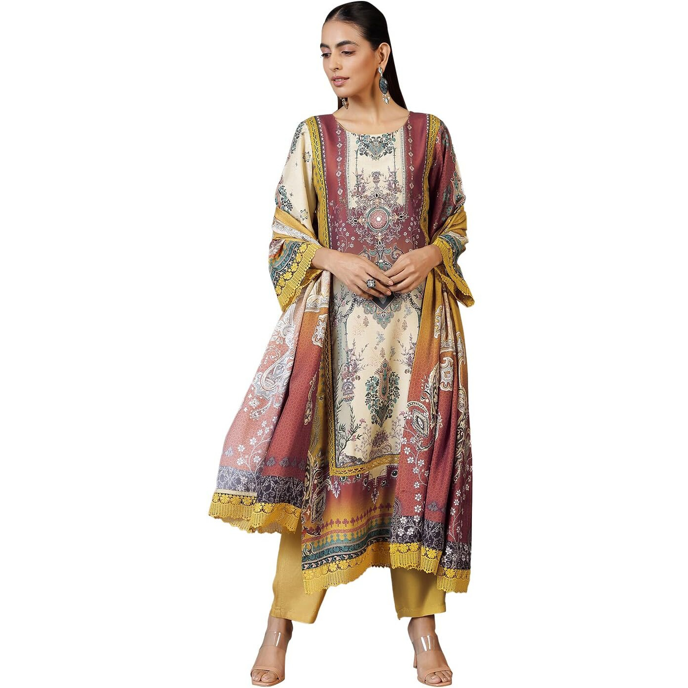 Libas Womens Printed Silk Blend Pakistani Kurta With Trousers And Dupatta