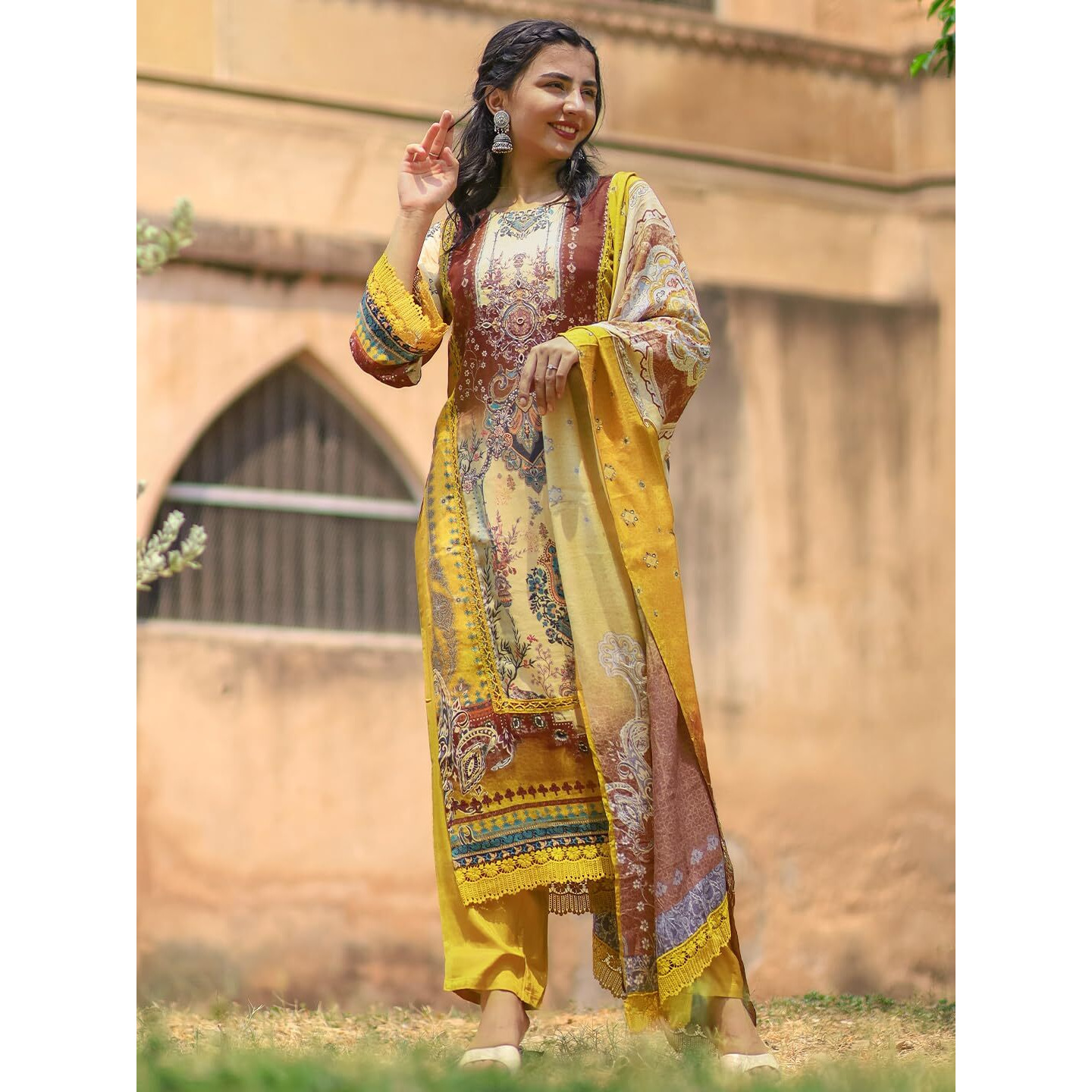Libas Womens Printed Silk Blend Pakistani Kurta With Trousers And Dupatta