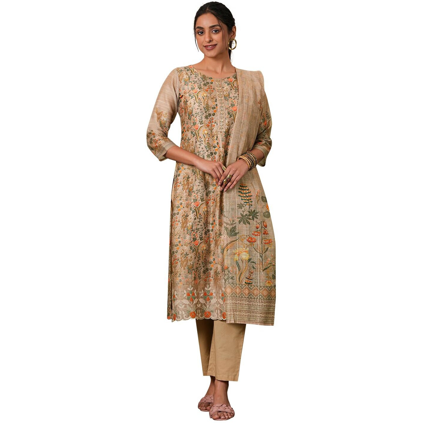 Libas Womens Printed Silk Blend Straight Kurta With Trousers And Dupatta