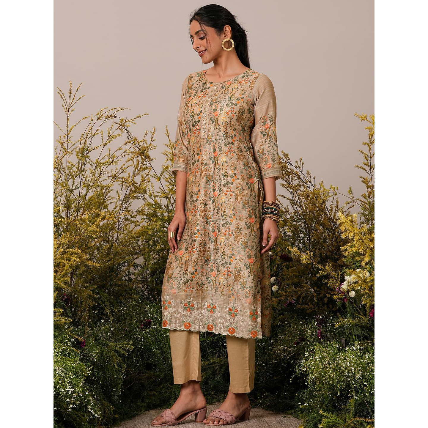 Libas Womens Printed Silk Blend Straight Kurta With Trousers And Dupatta