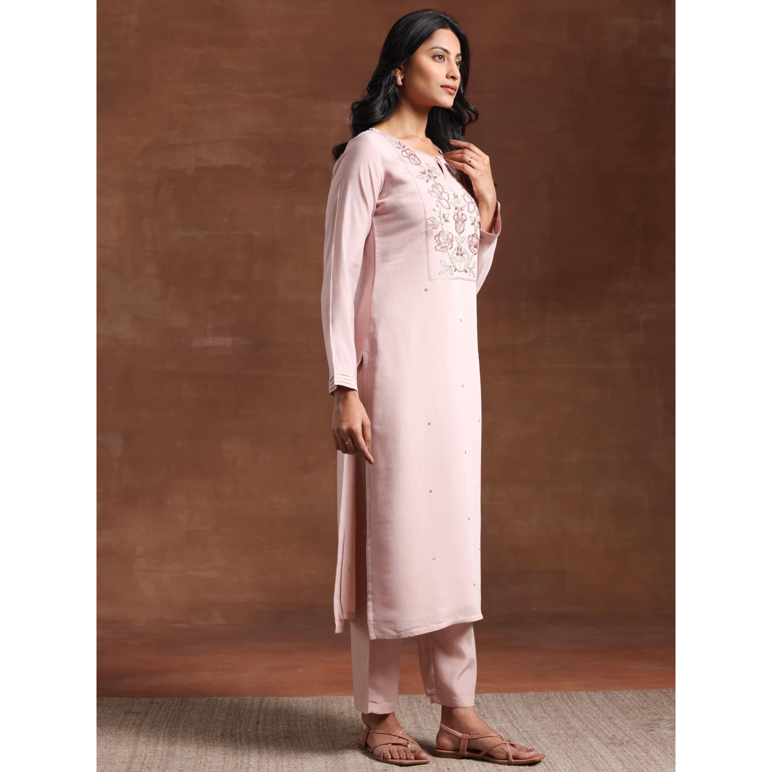 Libas Womens Yoke Design Silk Blend Straight Kurta With Trousers And Dupatta